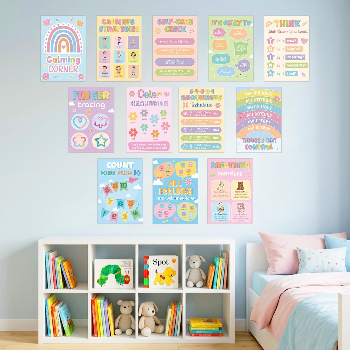 12Pcs Calming Corner Posters for Classroom Calm Down Pastel Emotions Feeling Poster for Kids Inspirational Back to School Wall Decor Motivational Mental Health Posters for Office Home Teacher Supplies