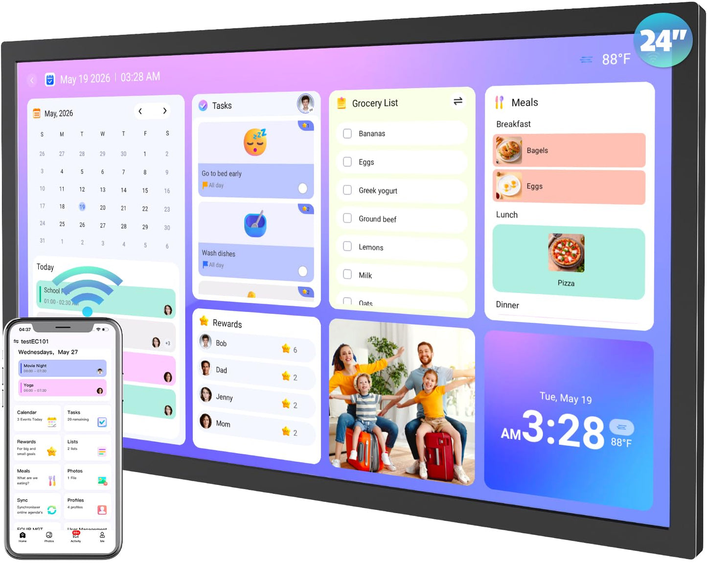 24" Digital Calendar Chore-Chart for-Family-Schedule - Interactive Touchscreen Display Electronic Calendar, Star Reward, Sync Google iCloud Outlook Calendar Via App, Wall Mount, Gift for Mother Father