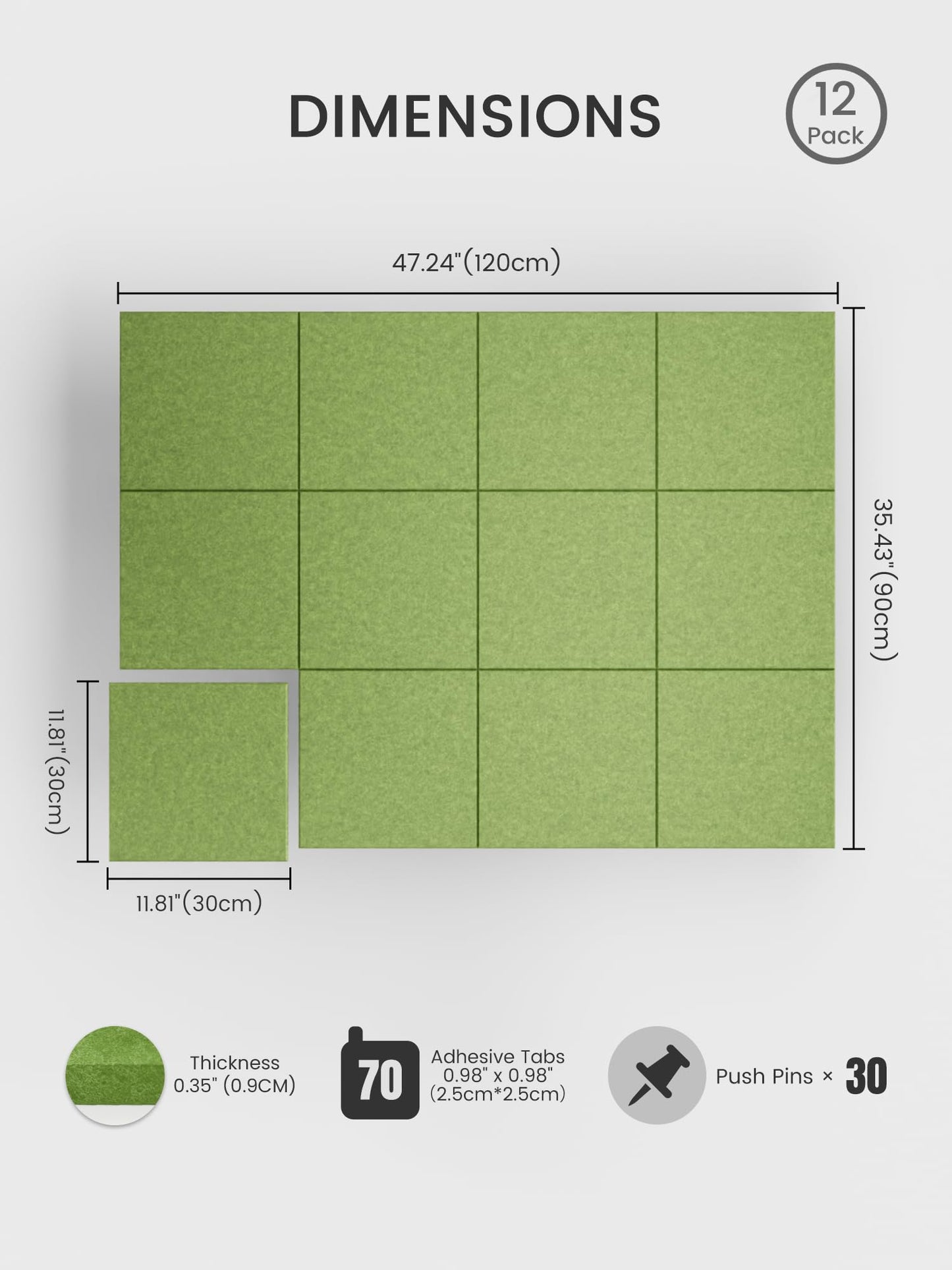 Bumusty Large Cork Board 48" x 36" Alternative - 12 Pack Felt Wall Tiles with 70 Safe Removable Adhesive Tabs, 30 Pushpins, Cork Boards for Walls Pin Board Bulletin Board Office Decor (Kelly Green)