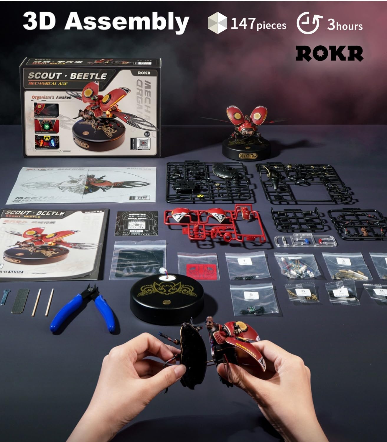 ROKR 3D Metal Model Kits for Adults Scout Beetle - 147PCS 3D Metal Puzzle Electric Mechanical Plastic Building Kit Hobby Kit Gift for Adults