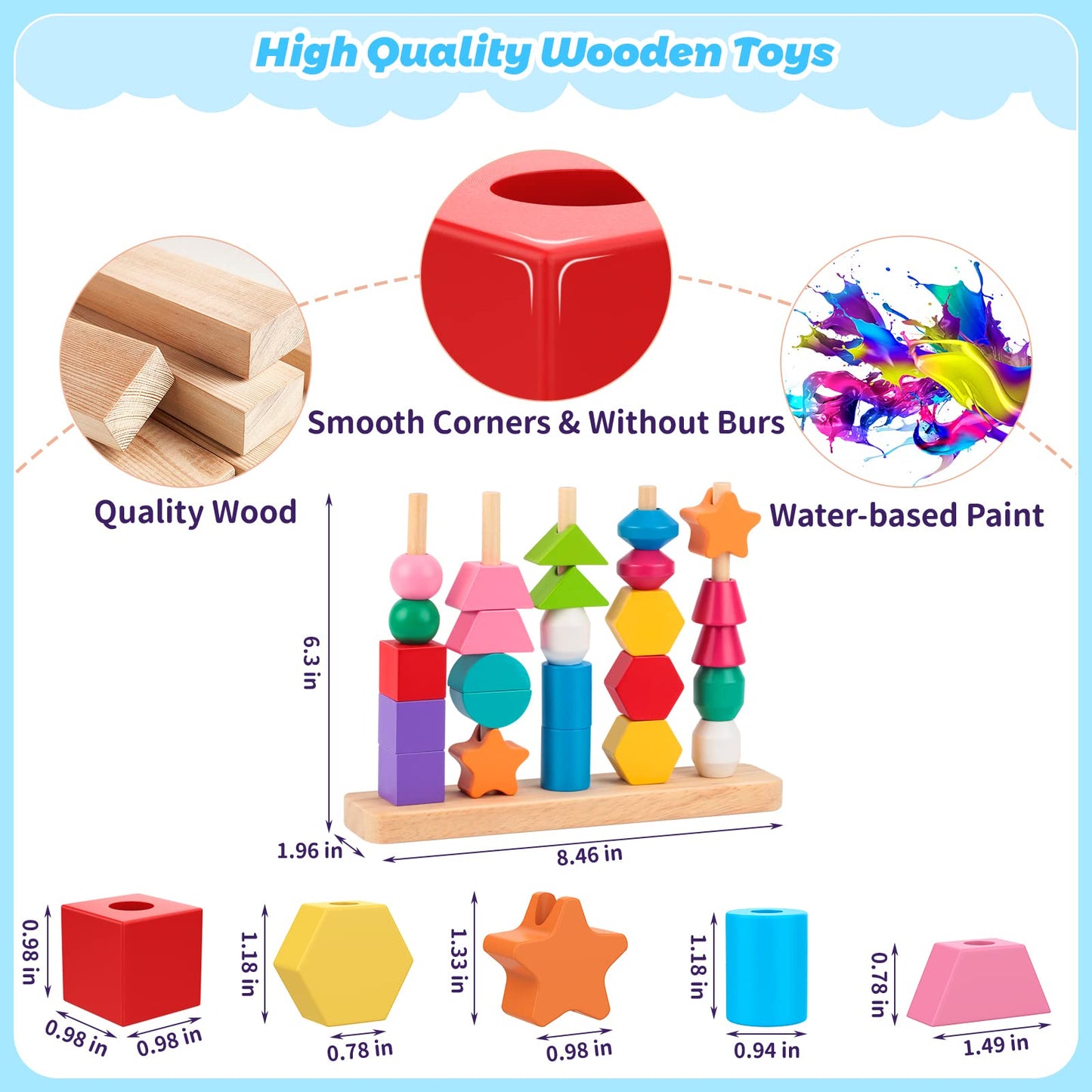 Montessori Wooden Beads Sequencing Toy Set, Stacking Blocks & Lacing Beads & Matching Shape Stacker, Montessori Toys for 3 4 5 Year Old STEM Preschool Learning Toys Gifts for Kids Boy Girl Toddler