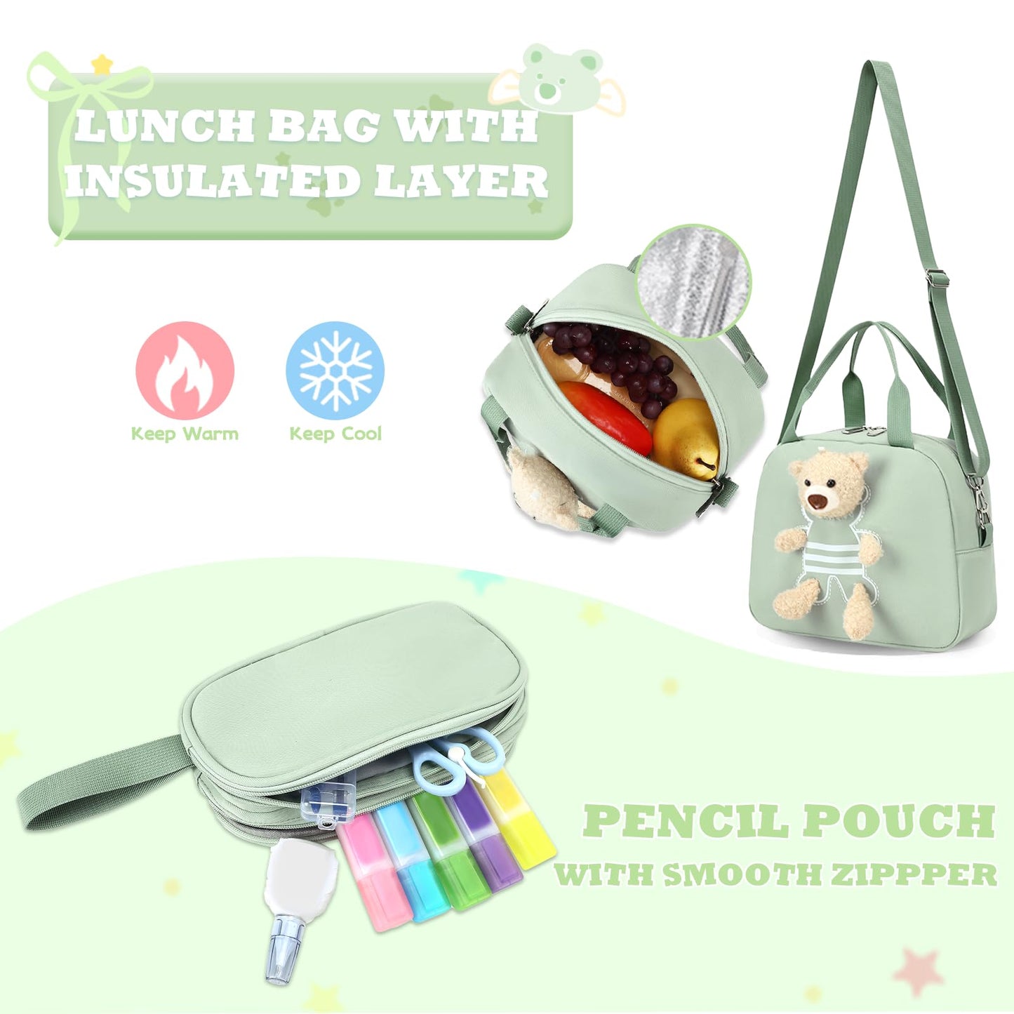 ACESAK School Backpack for Girls - 3 PCS Cute Girls Backpack with Lunch Box & Pencil Case - Kawaii Casual Kids Bookbag School Bag Daypacks Set for Elementary Middle High School Student Teens (Green)