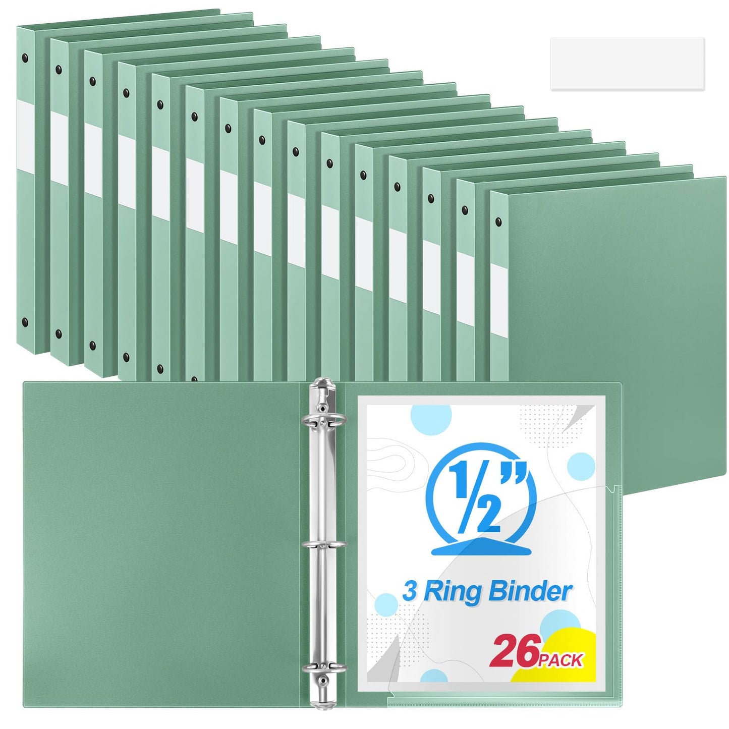 Henoyso 26 Pack 0.5 Inch Plastic 3 Ring Binder Round Ring, Bulk 1/2 Inch Flexible Binders Hold 140 Sheets Letter Size with Pocket, Document Organizer for Back to School Classroom Office (Sage Green)