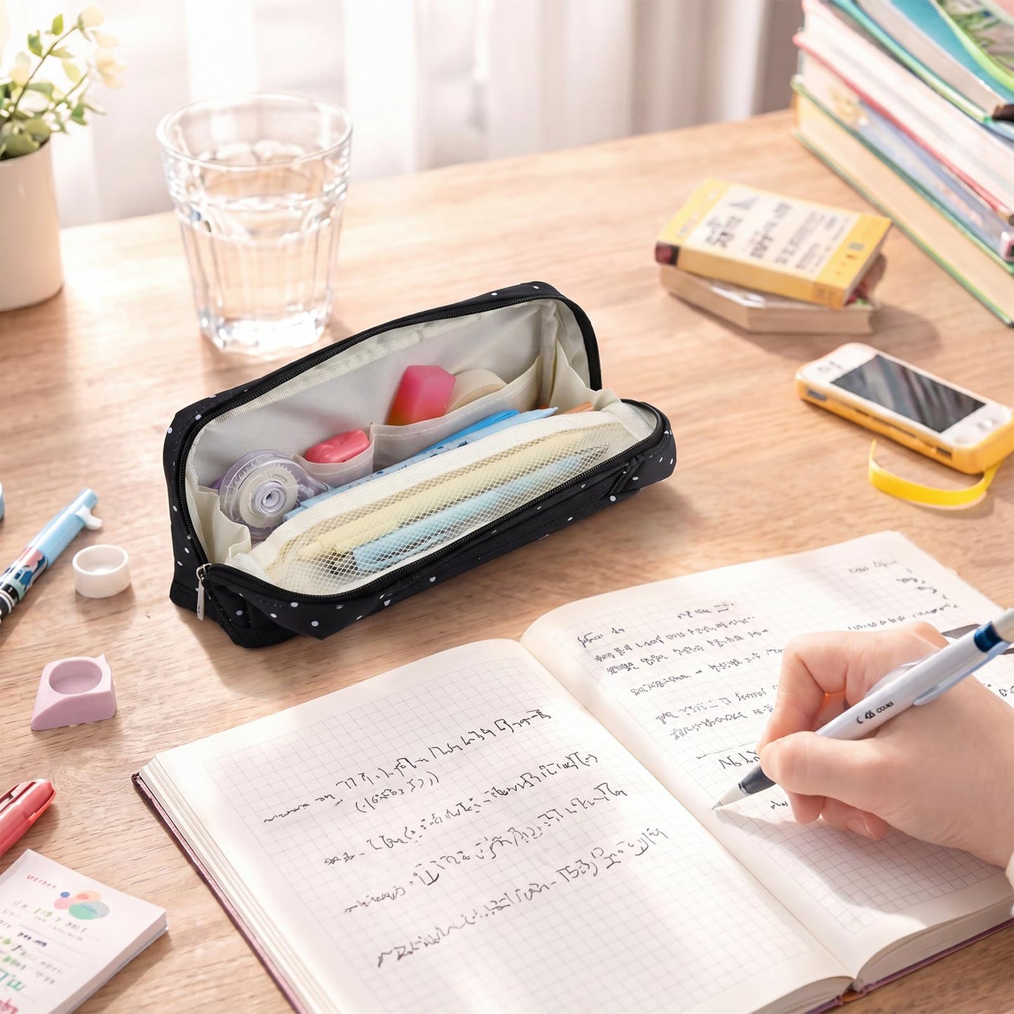 Gueevin Large Capacity Pencil Case Polka Dot Pen Pouch with Multiple Compartments Foldable Portable Pencil Case Black White Stationery Organizer Bag for Adults (Black)