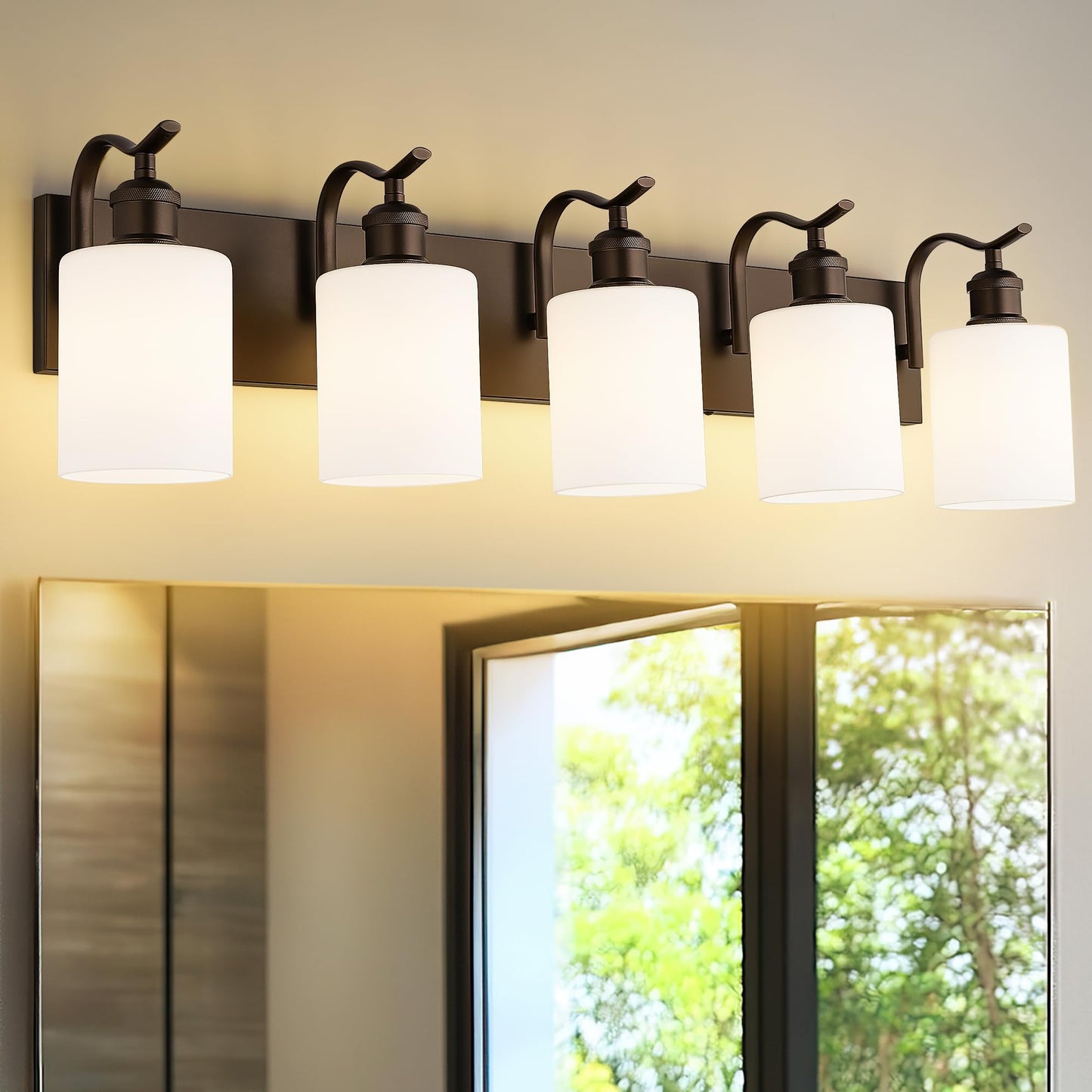 JAZAVA 5 Light Bathroom Vanity Light Oil Rubbed Bronze Metal Wall Sconce with Milky White Frosted Shade Model ZCVL01ORBW-5