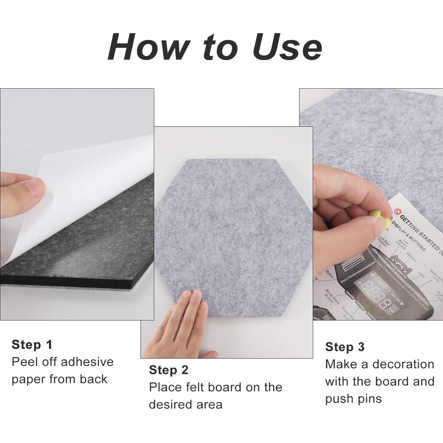 SEG Direct Hexagon Felt Cork Board Tiles, Hexagon Felt Bulletin Board Tiles Self Adhesive Picture Board, Memo Notice Tiles Pin Board for Walls Office, 11.8" x 10.2", 5PCS(Gray Series)