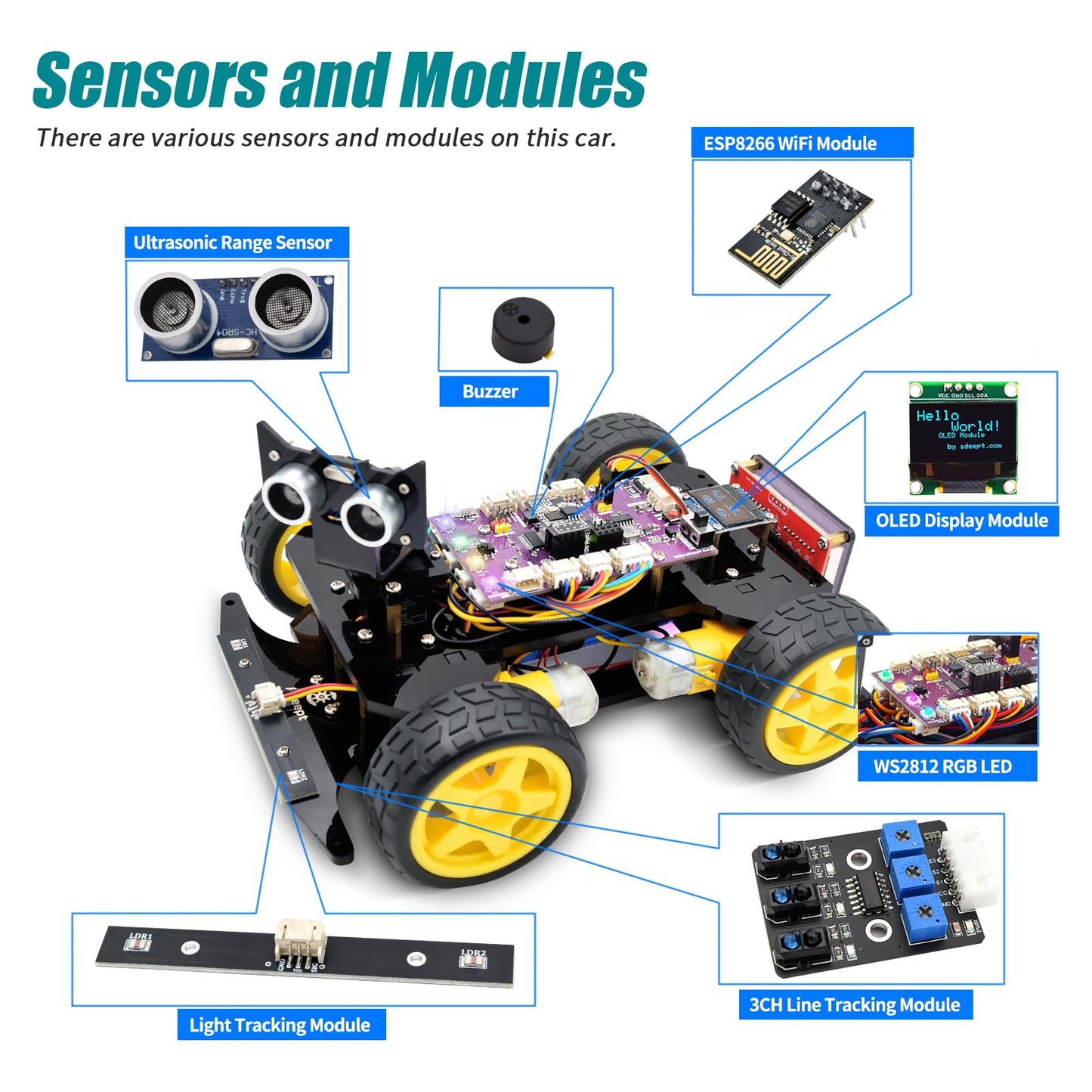Adeept 4WD Smart Car Kit(Compatible with Arduino IDE), Line Tracking, Light Tracing, Obstacle Avoidance, Servo Motor, OLED Display, Buzzer, LED Dot Matrix Display