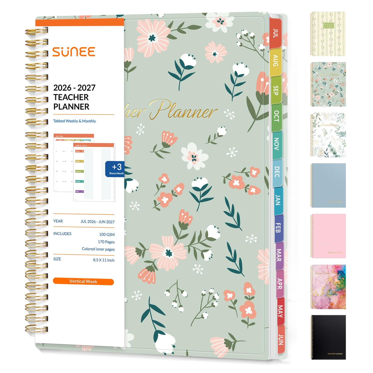 SUNEE Teacher Planner 2026-2027 Academic Year, Lite Lesson Planner Book with 7 Periods Jul 2026 - Jun 2027, 8.5"x11" Daily Weekly and Monthly Organizers, Plan Book with Pocket, Color Tabs, Wildflower