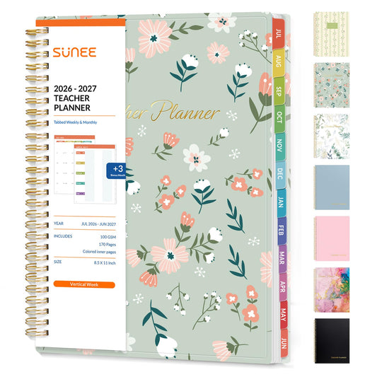 SUNEE Teacher Planner 2026-2027 Academic Year, Lite Lesson Planner Book with 7 Periods Jul 2026 - Jun 2027, 8.5"x11" Daily Weekly and Monthly Organizers, Plan Book with Pocket, Color Tabs, Wildflower