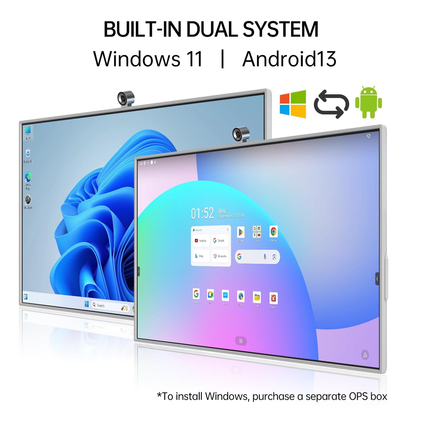 JAV 65" Smart Board with Mobile Stand, Google EDLA Certified, 4K UHD 16+256GB Interactive Whiteboard Touch Screen