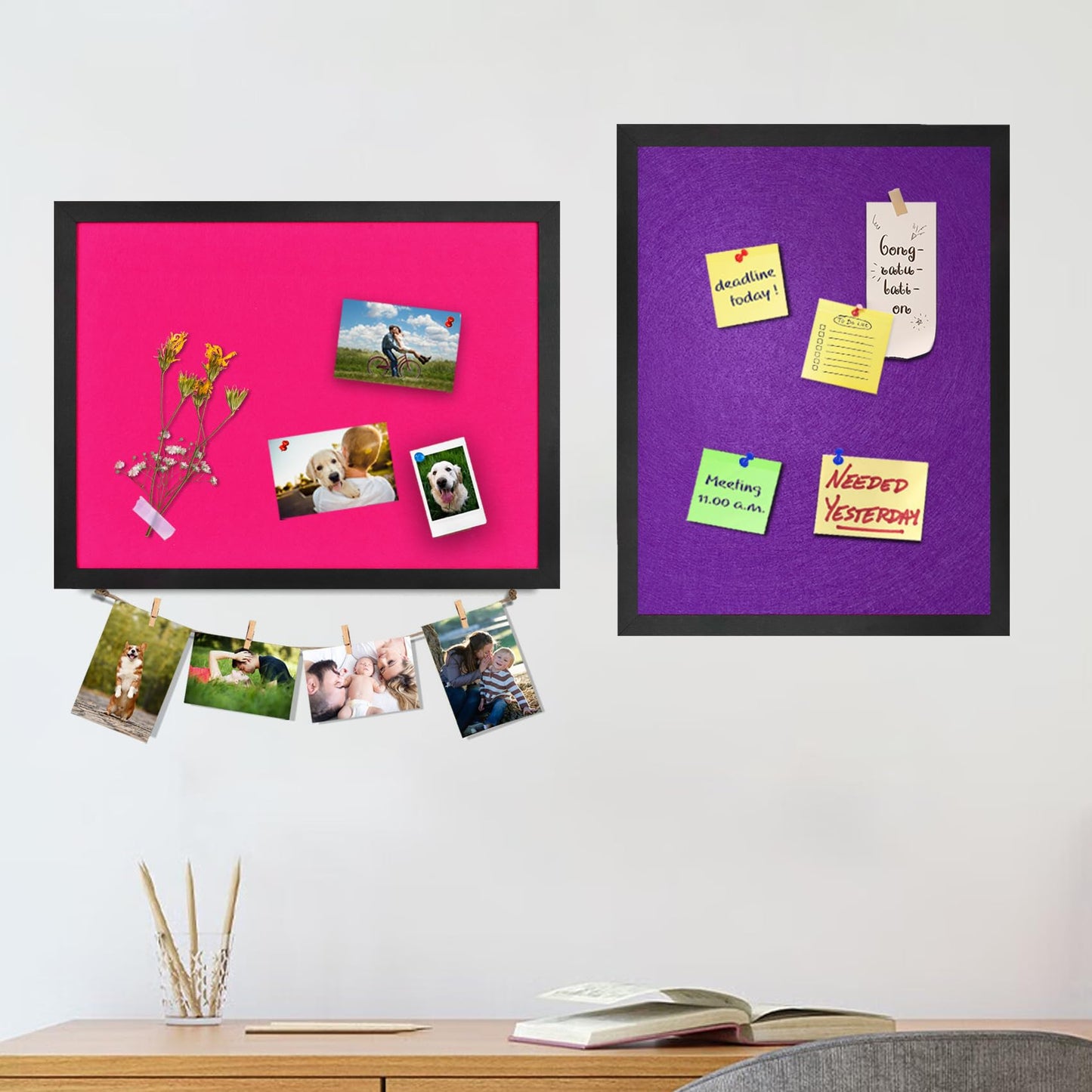 Origreen Bulletin Board Cork Boards with Felt, 17"x13" Small Display Pin Board Vision Board for Walls, Jewelry, Notes, Collection, Photos, Office, Wood Framed(Black) & Felt(Purple), 1pc