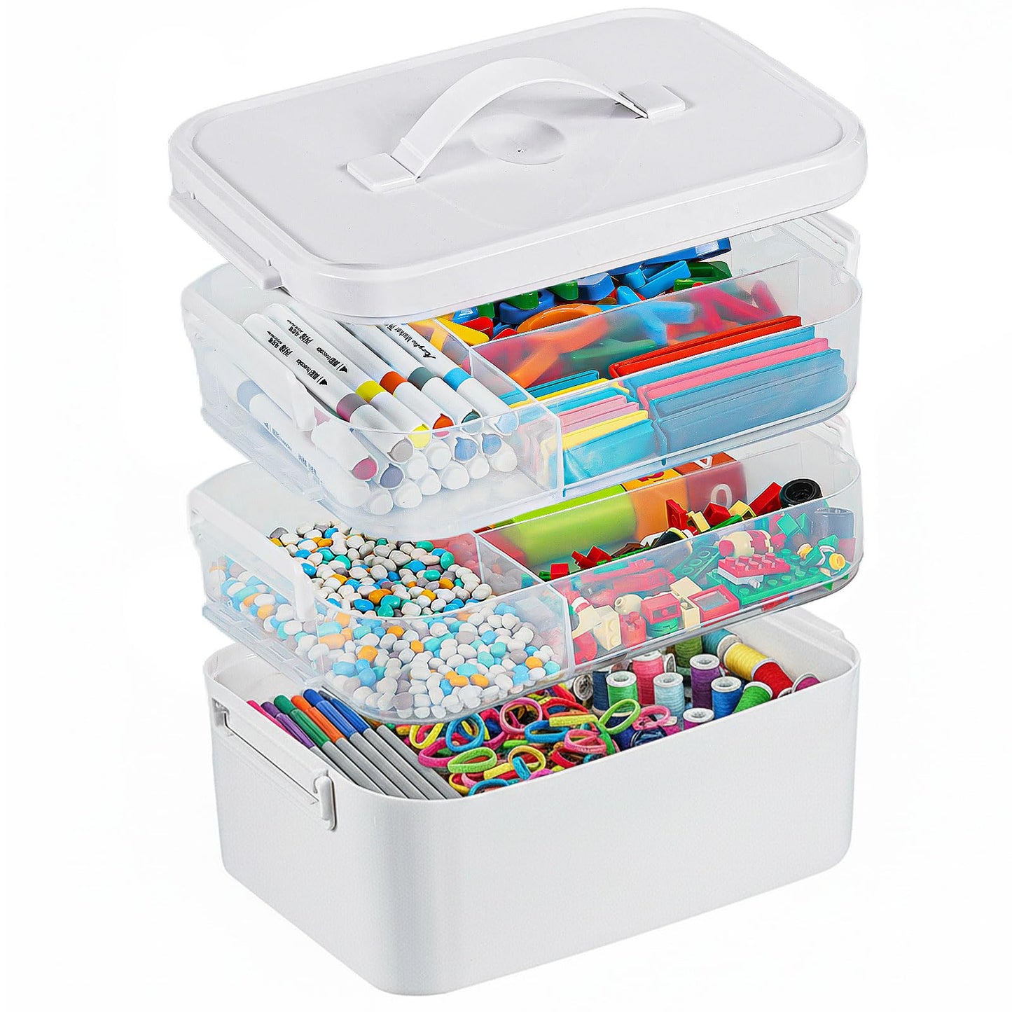 3-Layer Plastic Craft Organizers and Storage Box with Removable Trays, Storage Containers with lids and Handle, Art Supply Storage Organizer for Bead, Ornament, Nail Polish, Tape（10.62"x9"x7.67"）