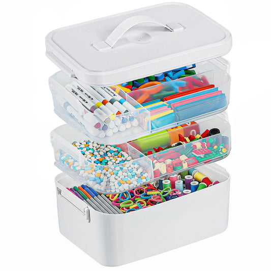 3-Layer Plastic Craft Organizers and Storage Box with Removable Trays, Storage Containers with lids and Handle, Art Supply Storage Organizer for Bead, Ornament, Nail Polish, Tape（10.62"x9"x7.67"）