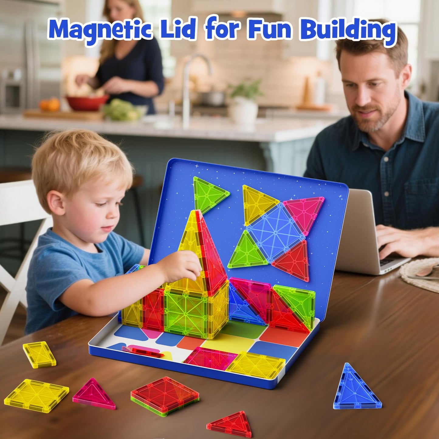 MEIQ Jumbo Magnetic Tiles with Secure Metal Case, 32 Pcs Large Magnetic Building Blocks for Kids 3-8, STEM Toys for Toddlers, Preschool Learning Montessori Toys, Age 3+ Boy Girl Gift