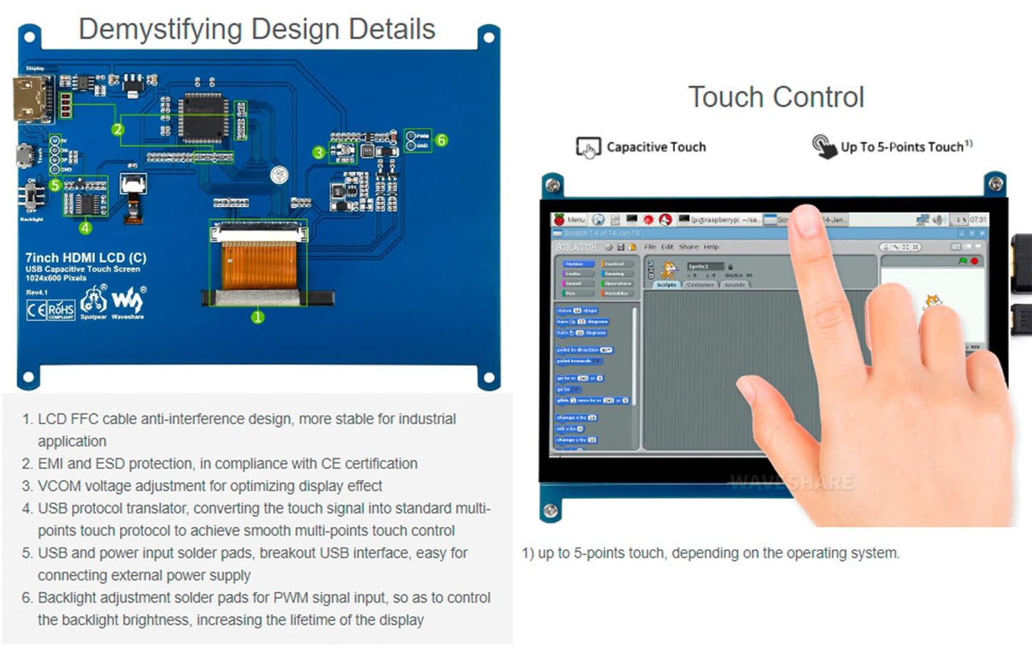 waveshare 7inch HDMI LCD IPS Capacitive Touch Screen 1024×600 Display Monitor Compatible with Raspberry Pi 5/4B/3B+/3B/Pi Zero W/Zero 2W/Pico/Pico W/Pico 2/Pico 2WJetson Nano/Win10/8/7,etc.