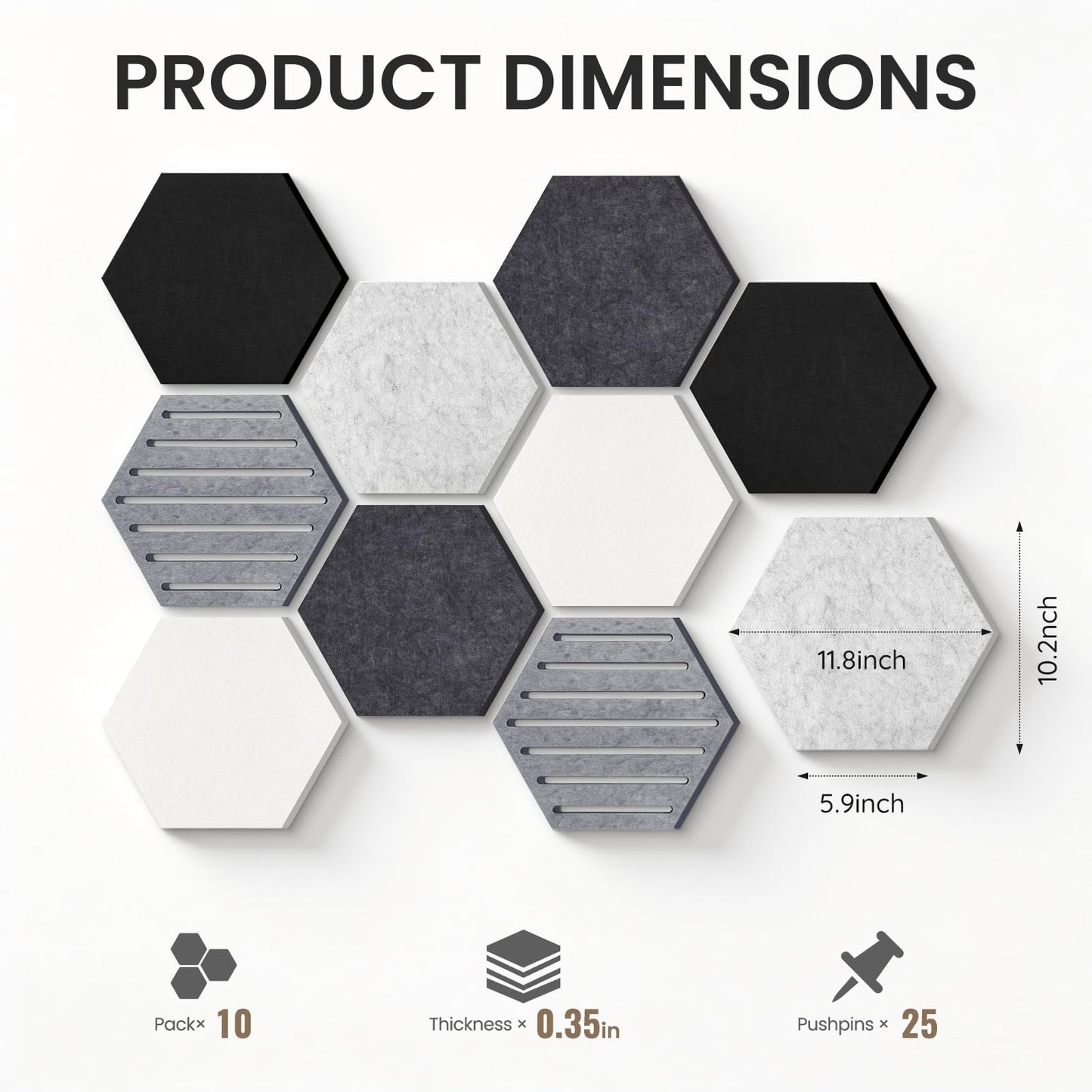 Hexagon Cork Bulletin Board Tiles, 10 Pack Felt Board with 25 Push Pins, Photo Display Board for Office & Home Classroom Wall Decor, 11.8x10.2 Inches