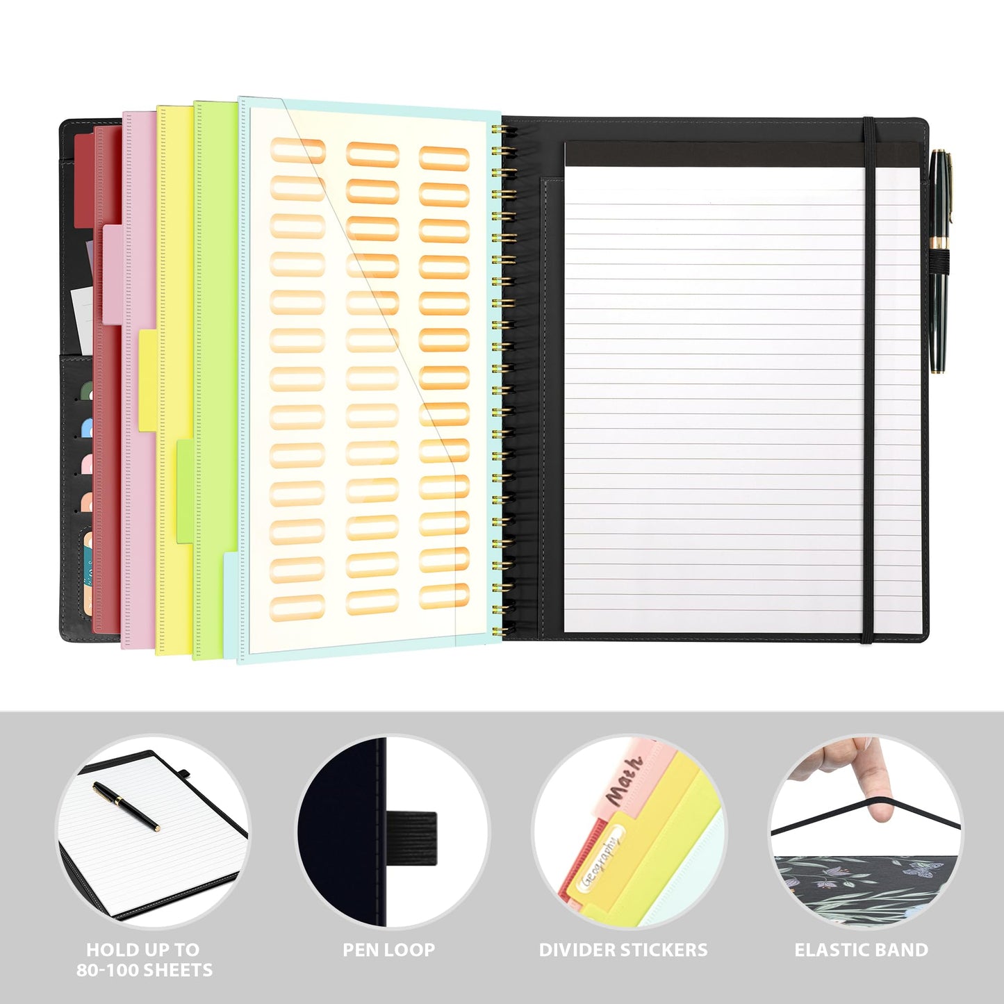 Ospelelf Clipboard with Storage for Women, Leather Padfolio Portfolio Organizer 5 Folders with 10 Pockets, Spiral Clipboard Folio with Notepad for Letter Size, Elastic Closure and Pen Loop Floral