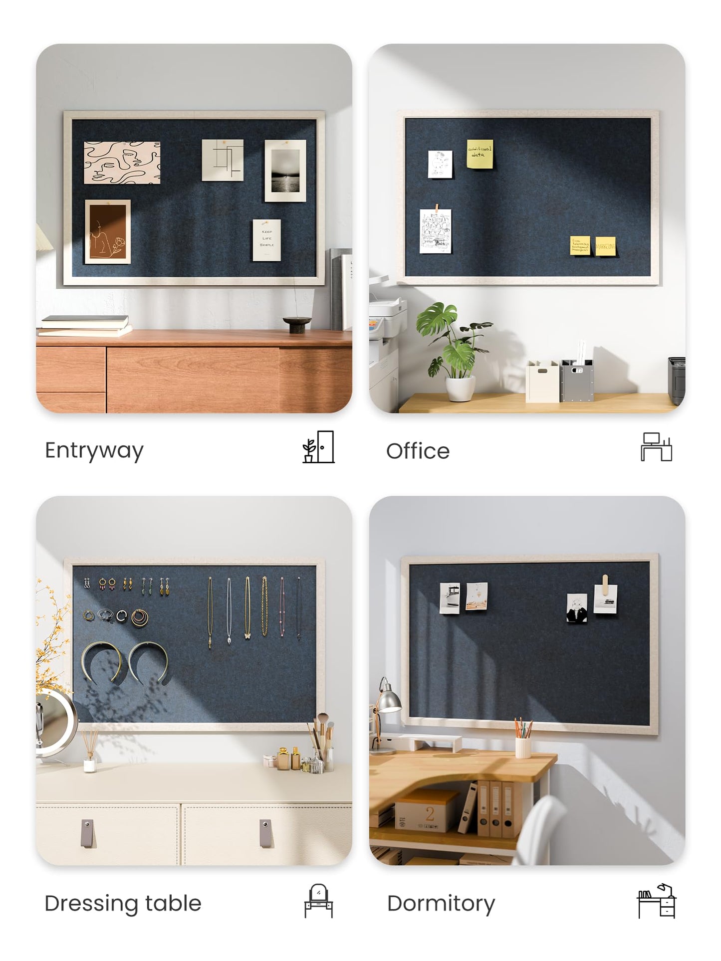 Fluxynara Foldable Cork Board Alternative, Felt Bulletin Board 35.4" x 23.6" Oatmeal Frame with 24 Adhesive Tabs, Pin Board for Home Office, Classroom, Entryway, Kitchen Wall Decor—Navy Blue