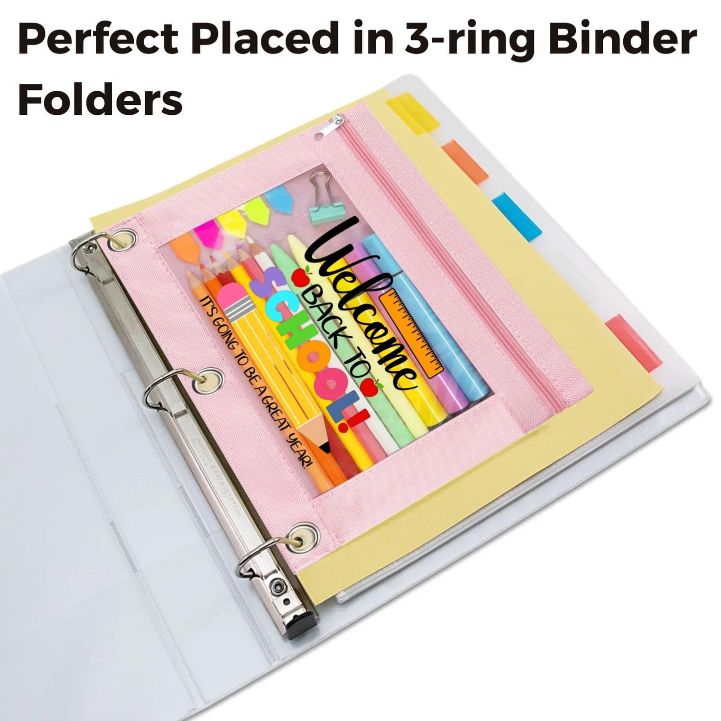 TOPWOOZU Zippered Pencil Pouch Cute for 3 Ring Binder, Welcome Back To School Clear Pen Pencil Case Bag Pink 2 Pack