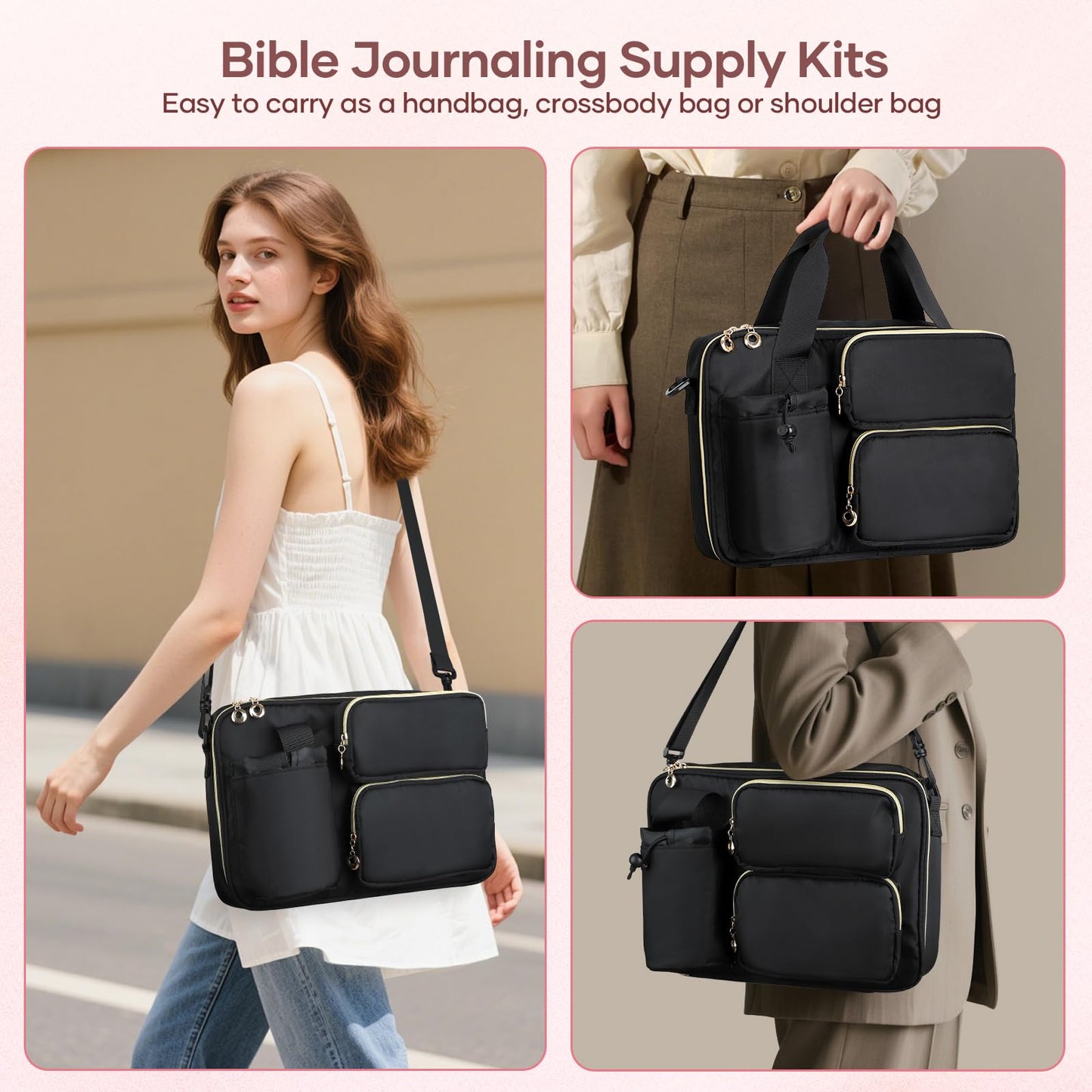 Bible Cover Case for Women, Large Bible Bag with Removable Pencil Case, Water Bottle Pocket and Shoulder Strap for Bible Study Supplies, Church Carrying Journaling Kit, Christian Gift for Women