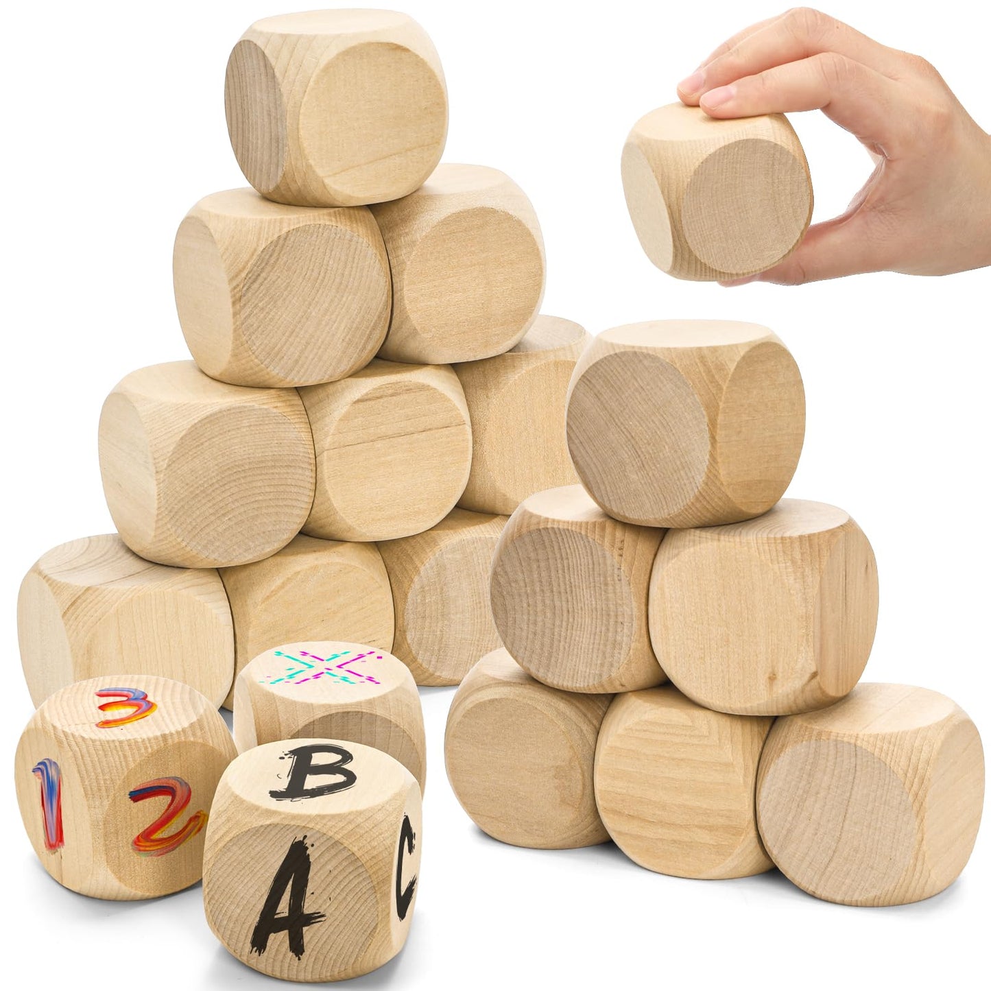 ZEAYEA 20 Pcs Blank Wooden Dice, 2 inch Unfinished Square Blocks, Blank 6 Sided Wood Cubes with Rounded Corners for Building Blocks, DIY Craft Projects, Party Supplies