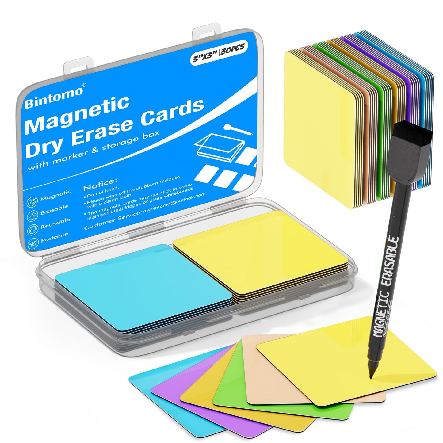 Bintomo Reusable Magnetic Sticky Notes: 30PCS 3"x3" Dry Erase Magnets Labels for Whiteboard, Fridge, Locker - Cute Erasable Post Sticker with Marker for Classroom Office Home White Board Accessories