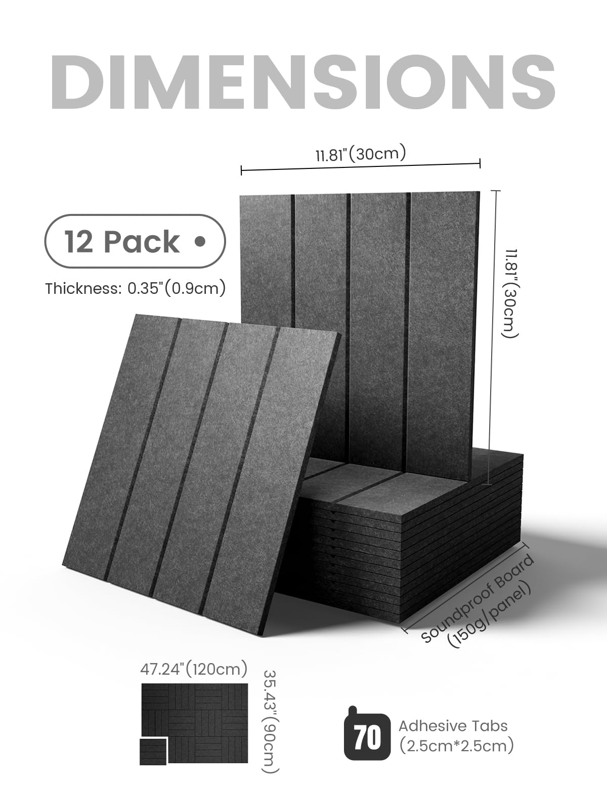 Fluxynara Felt Bulletin Board Tiles Large 48"x36"Cork Board Alternative-12 Pack with 70 Adhesive Tabs, Thick Slat Wall Panels for Office Decor, Push Pin Board Wall Organizer Alternative-Charcoal Gray