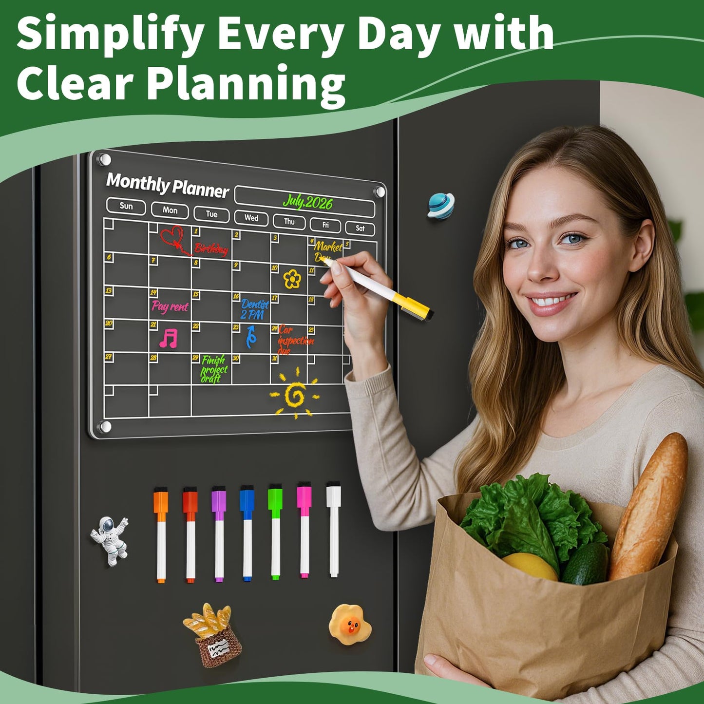 FINDMAG 4 Pack Acrylic Calendar for Fridge, 2026 Magnetic Calendar for Refrigerator, 16"x12" Dry Erase Whiteboard Planning Board Monthly Weekly Wall Fridge Calendar Board Menu Planner with 8 Markers