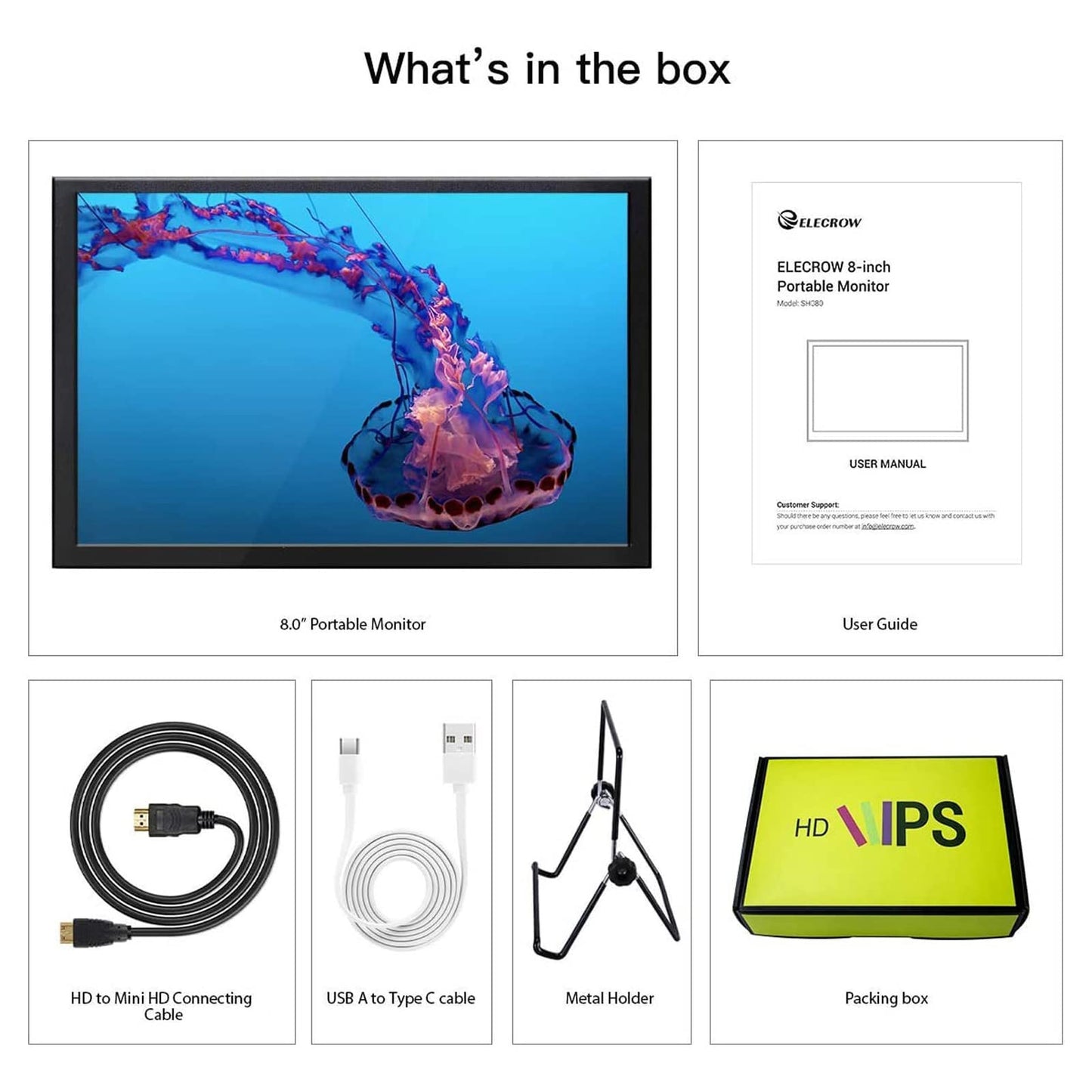 ELECROW 8 Inch Portable Monitor, 1280x800 Mini HD Display with Built-in Speakers, USB Powered, Non-Touch LCD Screen for Raspberry Pi, PC, Laptop, Jetson Nano, Game Consoles