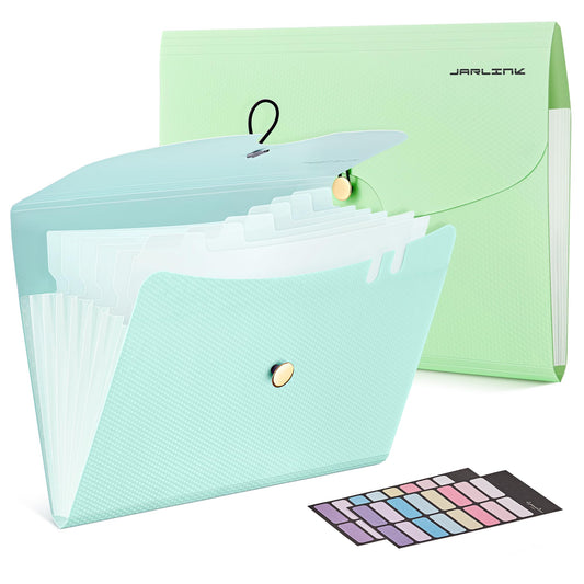 JARLINK 7 Pockets Expanding File Folder, A4 Accordion File Folders with 12 Labels, Cute Paper Organizer, Portable Document Organizer for College School Office Supplies, Macaron Blue & Macaron Green