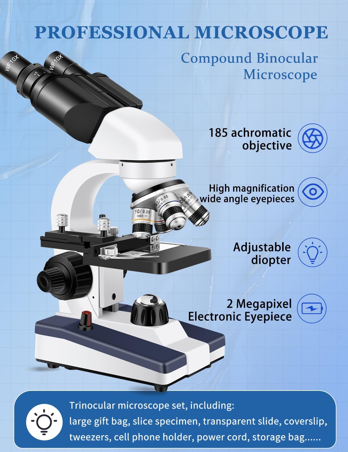 Microscope for Adults WF10x and WF25x eyepieces Compound Microscope with Microscope Slides, Microscope Kit for Kids Students Home School