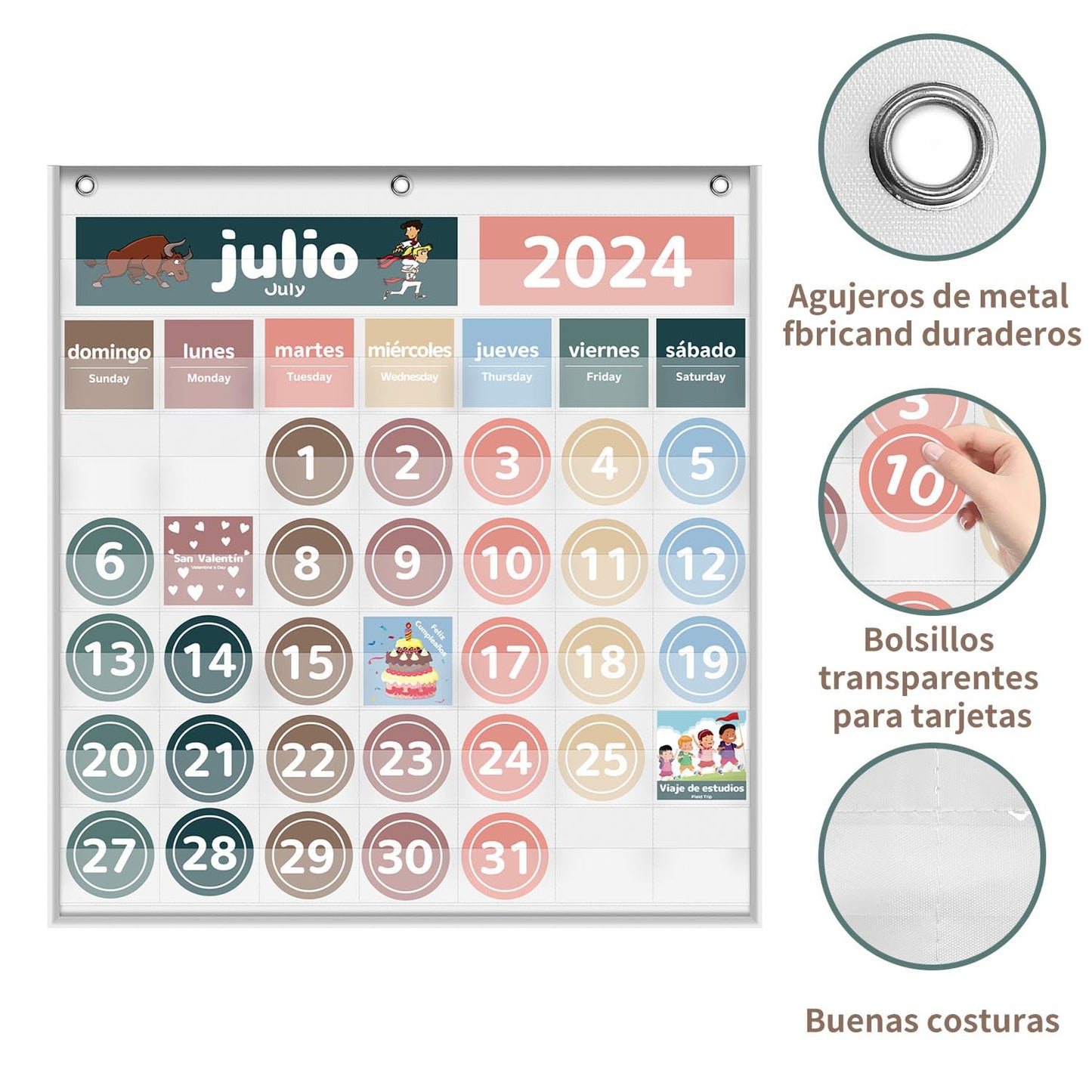 Monthly Calendar Pocket Chart for Classroom, Printed Days of The Week with Cards, Learning for Home or Kindergarten, Teacher Must Have Supplies That Fits Any School Décor (Spanish White)