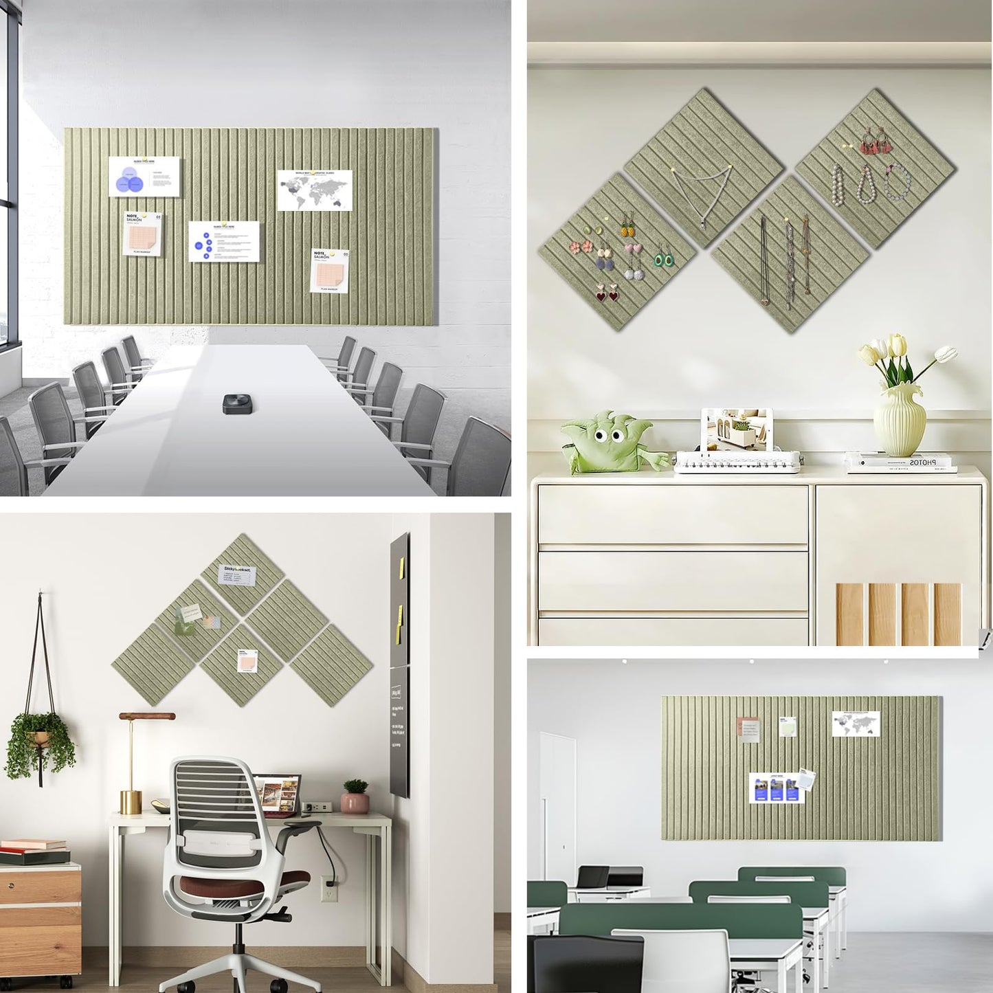 Large Cork Board for Office, 8 Pack Felt Wall Tiles with Slat Wall Paneling and Safe Removable Adhesive Tabs, Felt Bulletin Board Pin Board Cork Boards for Walls - Sage Green