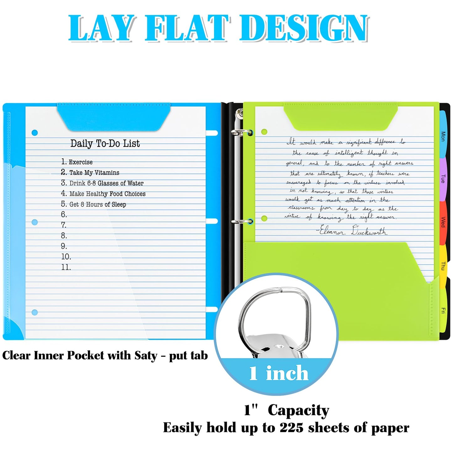 INFUN 1 Inch Telescoping 3 Ring Binder - 1PCS,Flexible Round Binder with Customizable Front Cover and Clear Catalog Pocket, 1 Inch Rings, 225 Sheet Capacity-Blue