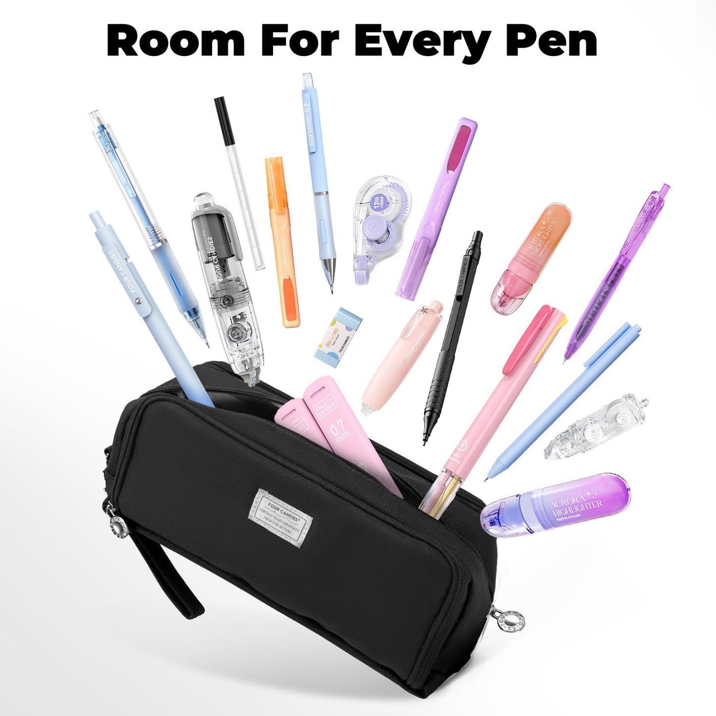 Four Candies Black Pencil Case 3 Compartment Pouch, Large Pencil Pouch for School, Girls, Teen Boys, Women, Black, Removable Handle & Zipper, Cute Pencil Bag for Office, College