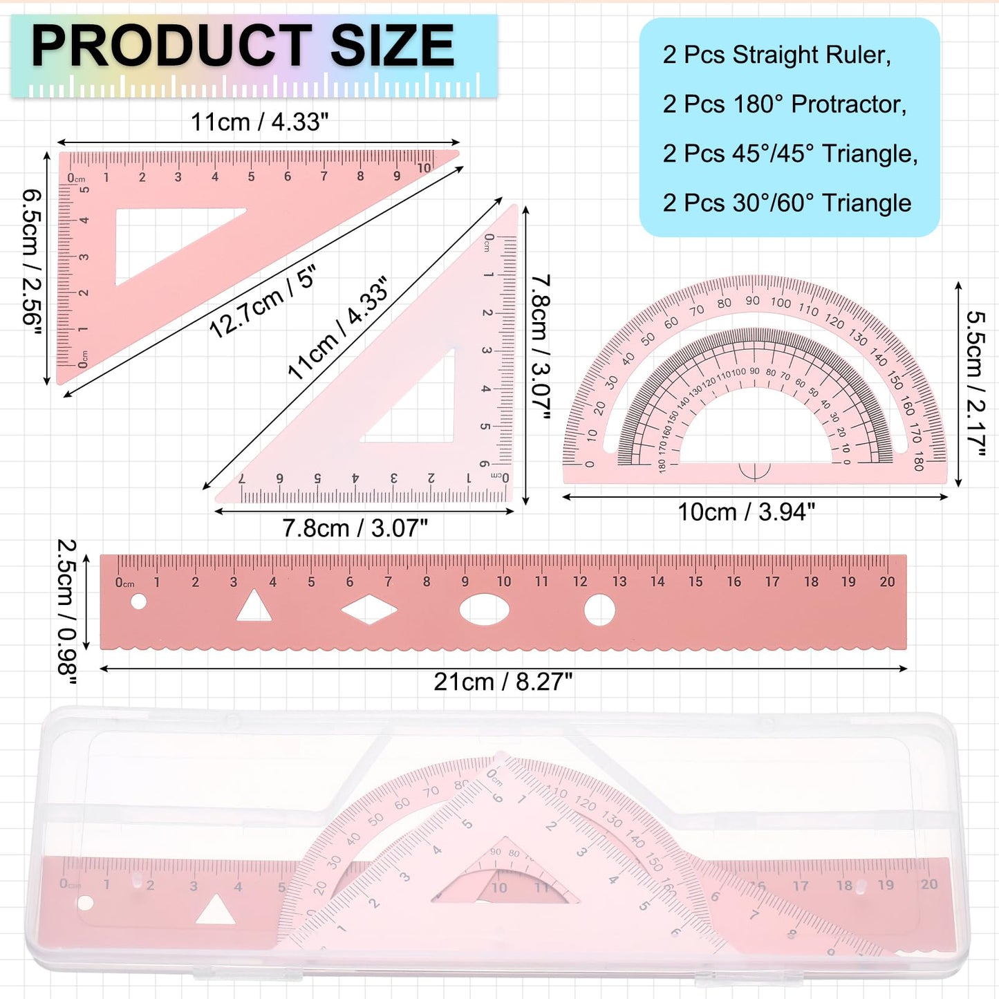 PATIKIL Geometry Set, 2 Pack 8 Inch Aluminum Ruler & 4 Triangles, Metal Protractor Ruler Math Drafting Measuring Tool for Home Office Math Drawing Engineering Art,Gradient Pink