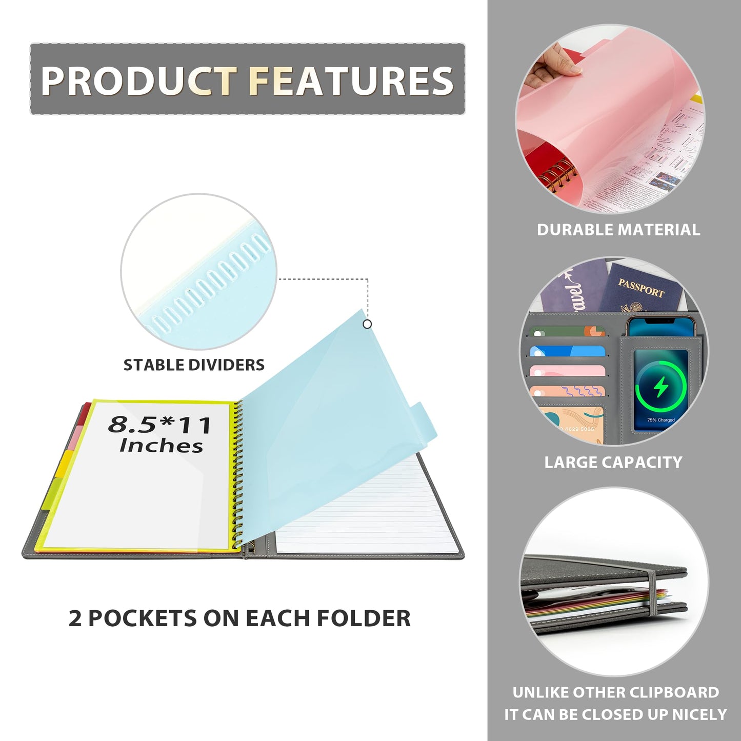 Ospelelf Clipboard with Storage for Men Women, Leather Padfolio Portfolio Organizer 5 Folders with 10 Pockets, Spiral Clipboard Folio with Notepad for Letter Size, Elastic Closure and Pen Loop Grey