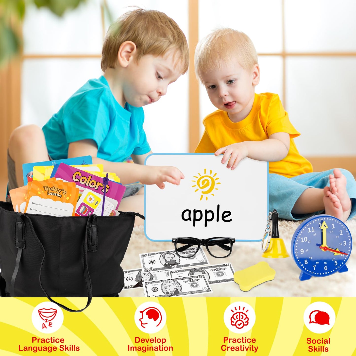 Edulok 115 PCS Pretend Play Teacher Set for Kids, with Magnetic Numbers, Bell, Money Games, Alphabet Posters, USA Maps, Learning Education Toys Kindergarten Classroom School Supplies Toys Playset Kit