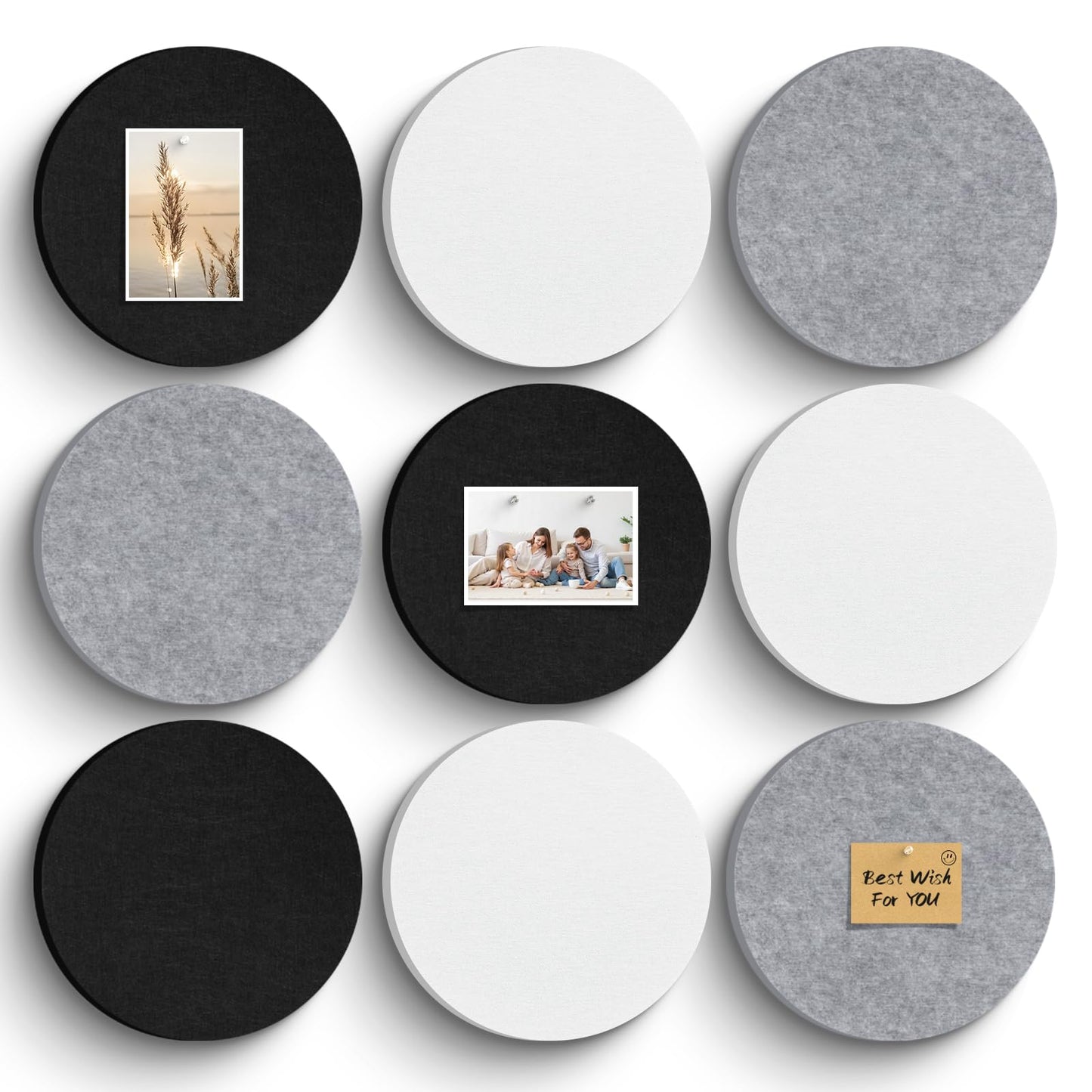 Bulletin Board, 11.8'' X 11.8'' Cork Board Alternative, 9 Pack Round Felt Board with Pushpins, Decorative Felt Notice Vision Board Photo Display Board for Office Home School Wall