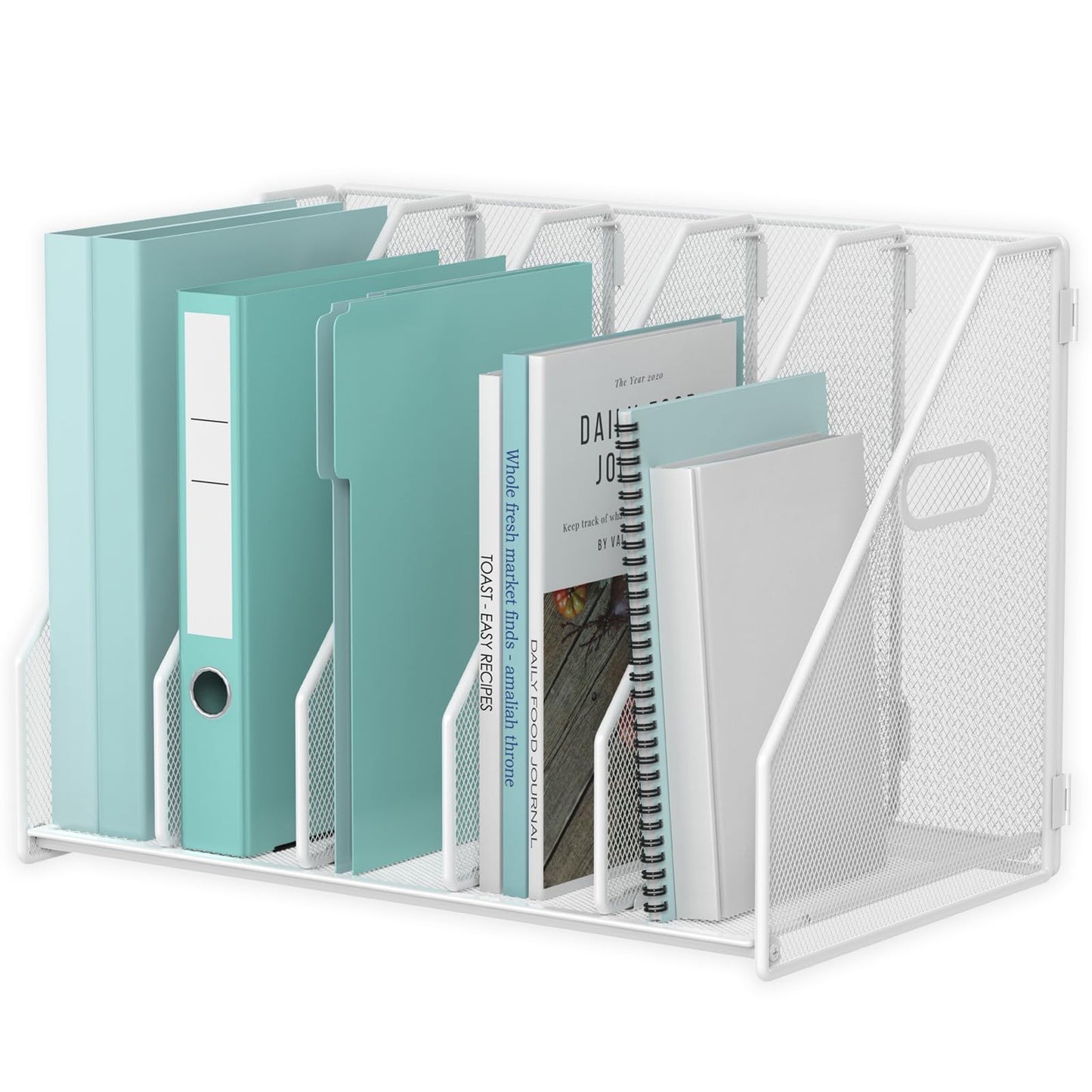 MINDEPOT Desk File Organizer Metal Desk Magazine Folder Holder with 5 Vertical Compartments Rack File Organizer for Office, Home, School (White)
