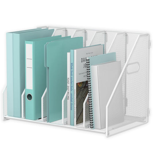 MINDEPOT Desk File Organizer Metal Desk Magazine Folder Holder with 5 Vertical Compartments Rack File Organizer for Office, Home, School (White)