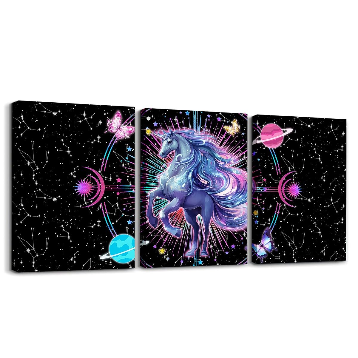 Feelyou Galaxy Unicorn 3 Piece Canvas Wall Art for Living Room Bedroom Solar System Wall Art for Home Decor Sun Moon Office Wall Decor Space Outer Sky Wall Painting