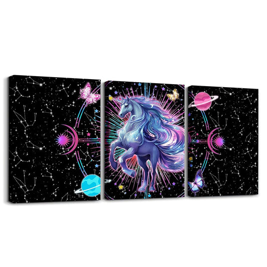 Feelyou Galaxy Unicorn 3 Piece Canvas Wall Art for Living Room Bedroom Solar System Wall Art for Home Decor Sun Moon Office Wall Decor Space Outer Sky Wall Painting
