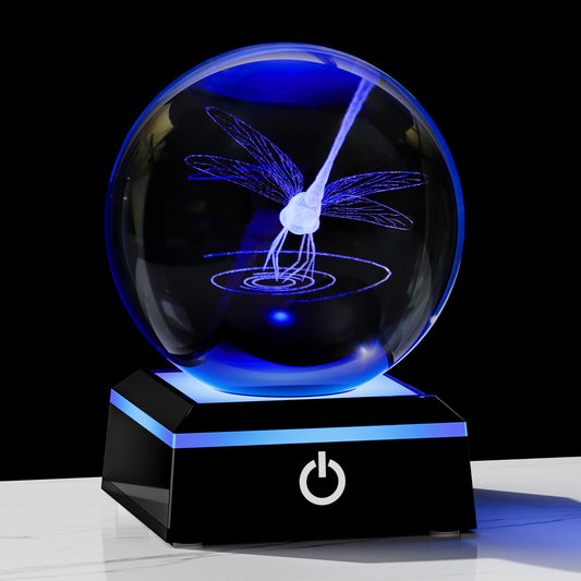 Qianwei Dragonfly 3D Crystal Ball 3.14'' - Laser Decor Glass Animals Gifts Figurines Statue for Women, Room Decorations and Night Light