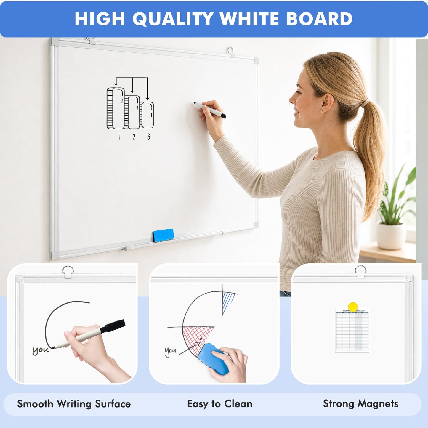WALGLASS Double-Sided Dry Erase White Board, 36" x 24" Magnetic Whiteboard for Wall, Hanging Mounted White Board Silver Aluminium Frame for Home, School, Office, Kitchen