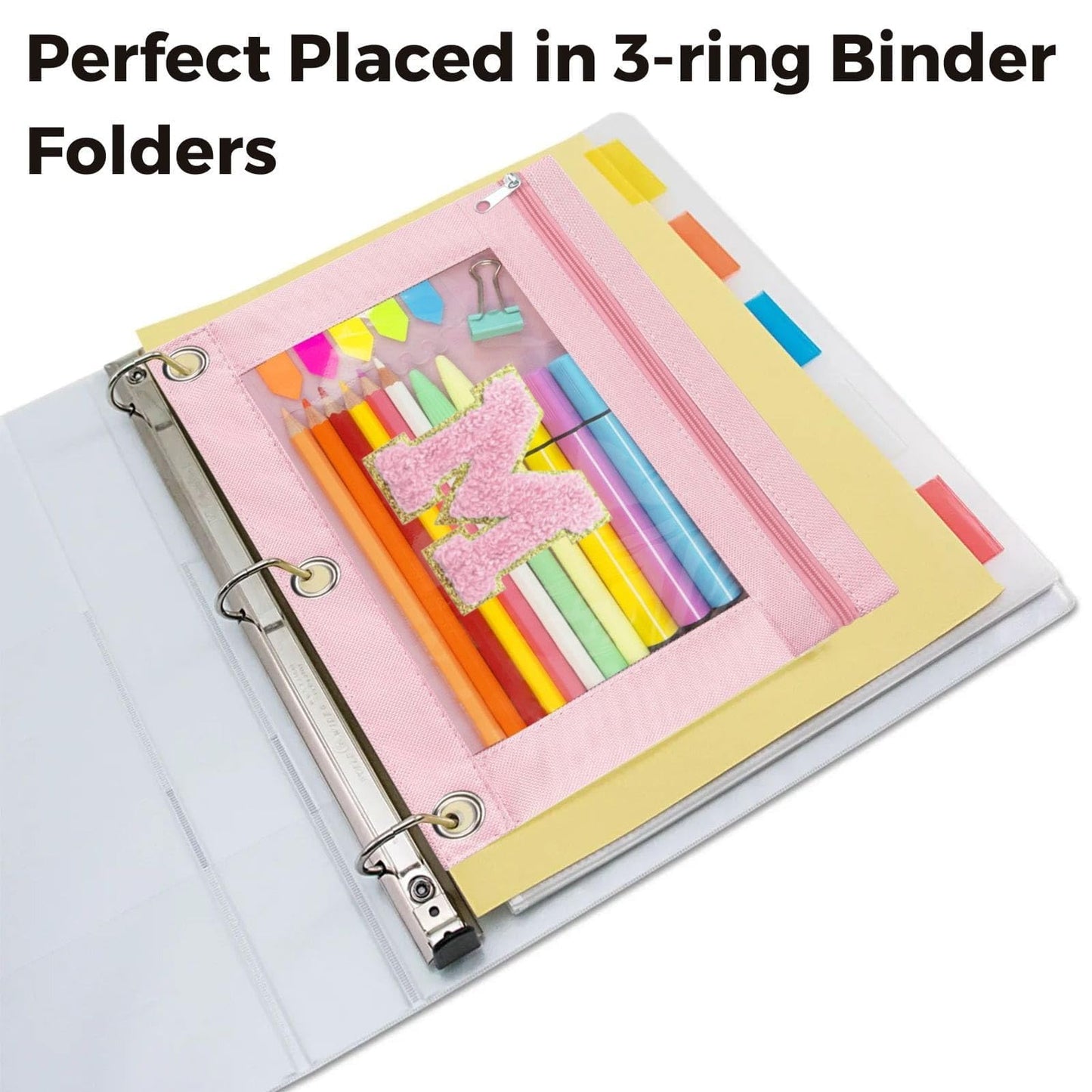 TOPWOOZU Personalized Pencil Pouch for 3 Ring Binder,Initial M Stationery Bag with Clear Window, Large Capacity Oxford Cloth Binder Pouches for Girls School Art Supplies, Pink 2 Pack