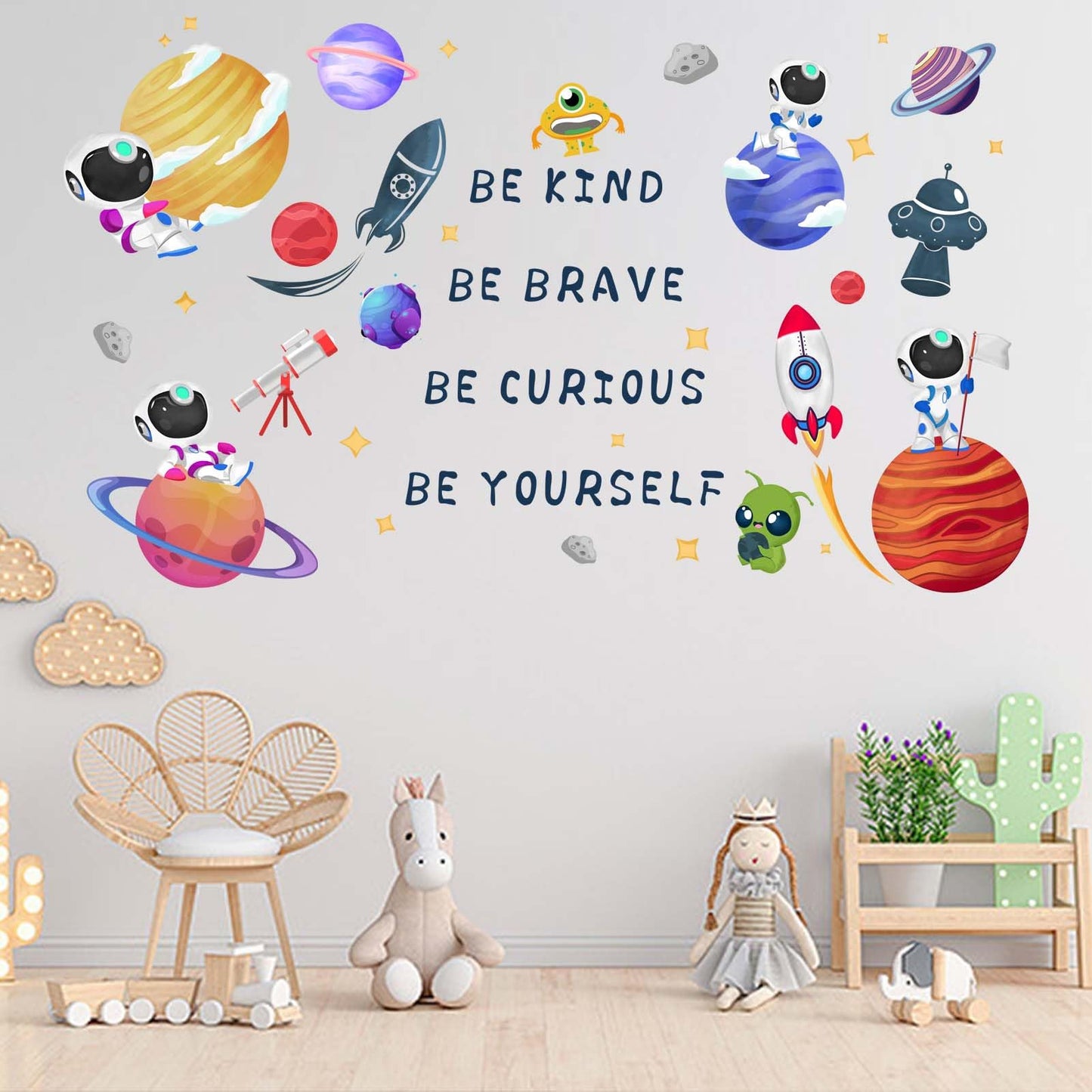 Amimagen Outer Space Astronaut Wall Stickers - Be Kind Be Brave Inspirational Quotes Planets Rocket Boys Wall Decals - Baby Nursery Kids Room Daycare Wall Decor