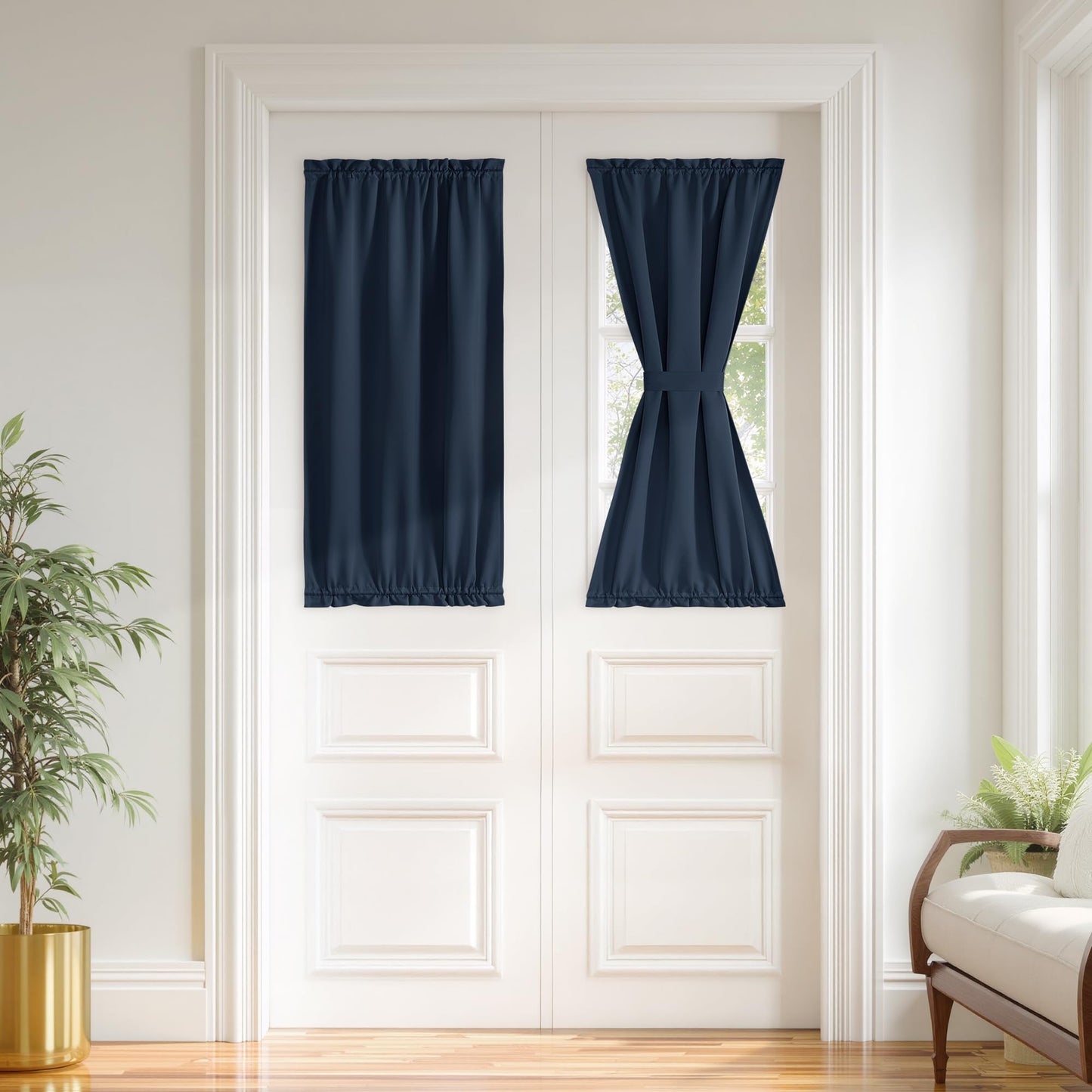 PONY DANCE Navy Blue Back Door Curtains for Door Window, 100% Blackout Dual Rod Pocket Privacy French Curtain for Kitchen, Thermal Insulated Small Window Drapes for Classroom, W25 x L40, 1 Panel