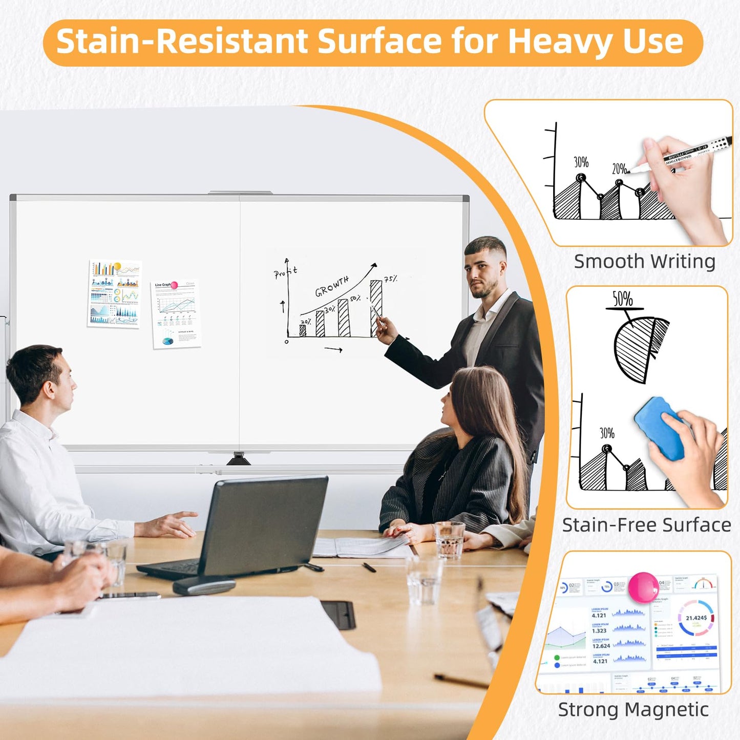 WALGLASS Rolling Whiteboard on Wheels, 72"x40" Double-Sided Dry Erase White Board with Stand, Large Magnetic Whiteboard, Giant Portable Standing Board for Office, School, Home, Classroom 6 x 3.33 ft