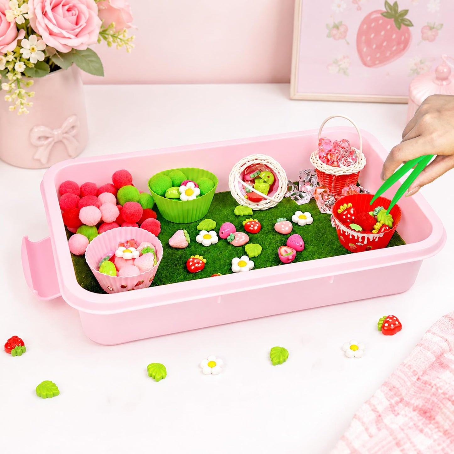 Cinrobiye 192 Pcs Strawberry Theme Activity Fillers Set with Storage Box, Summer Fruit Accessories, Artificial Grass Mat, Flowers, Pompoms and Decorative Materials for Classroom Home Activities